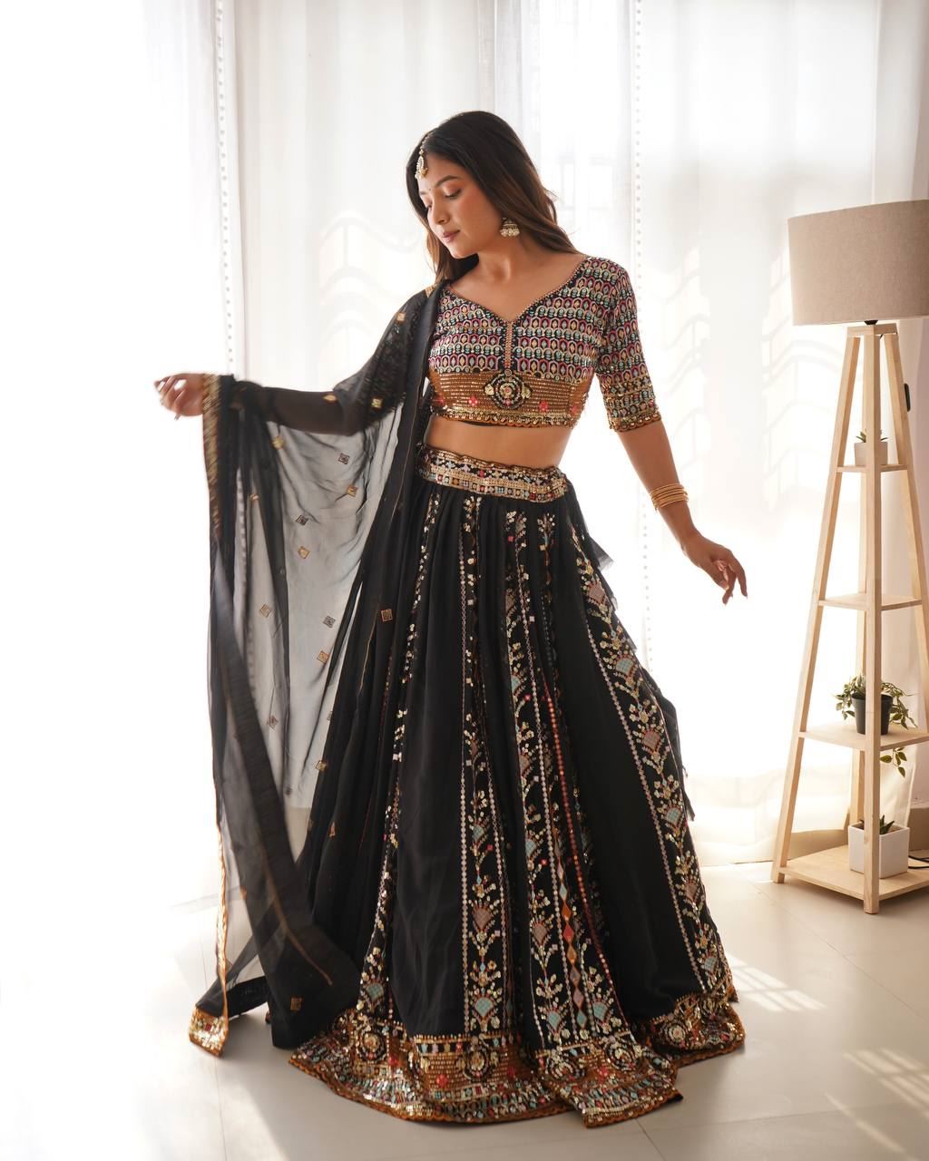 Black Lehenga Choli With Thred With Sequnce Work