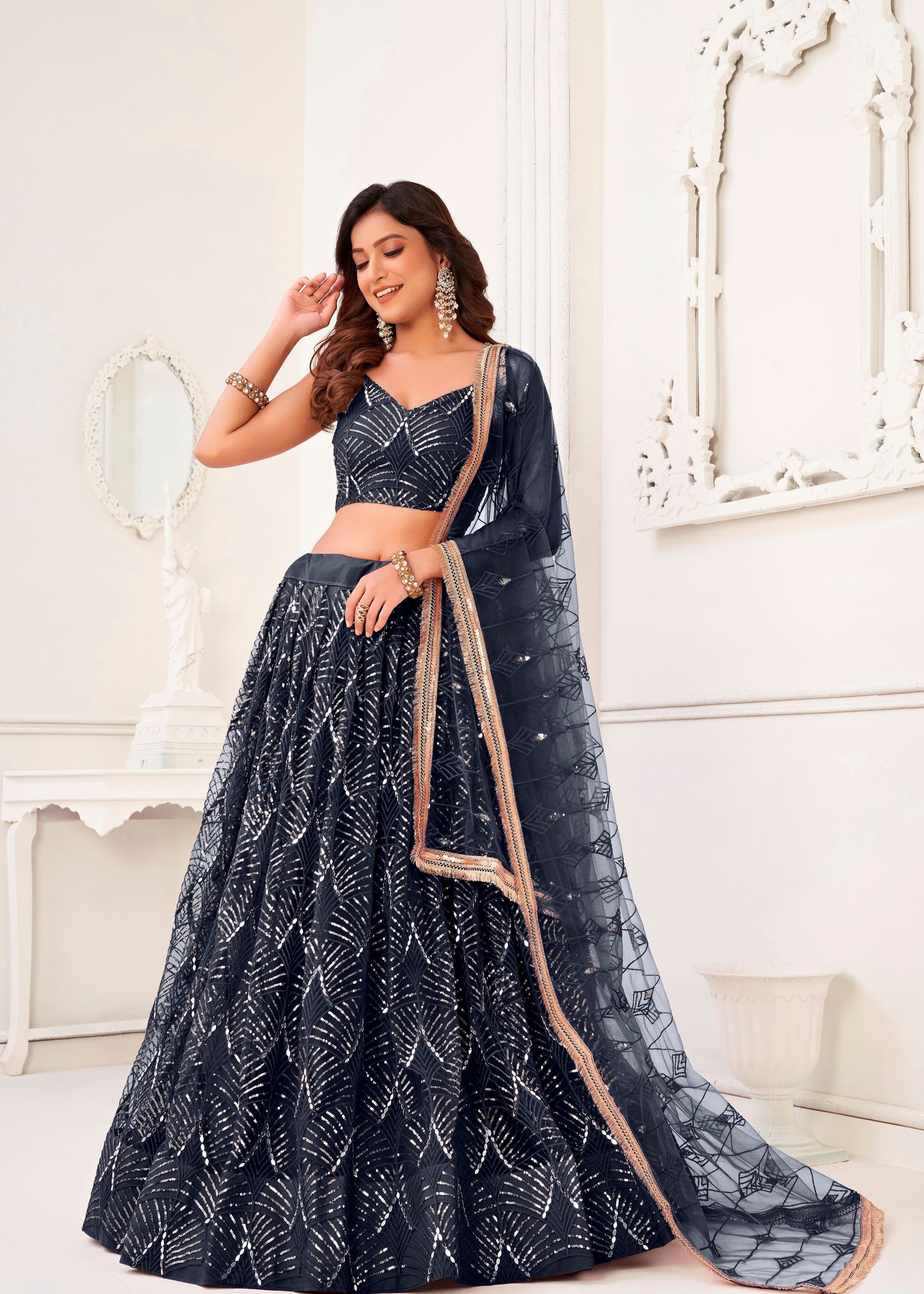 Black Net Lehenga Choli With Thread Embroidery Real Mirror Work