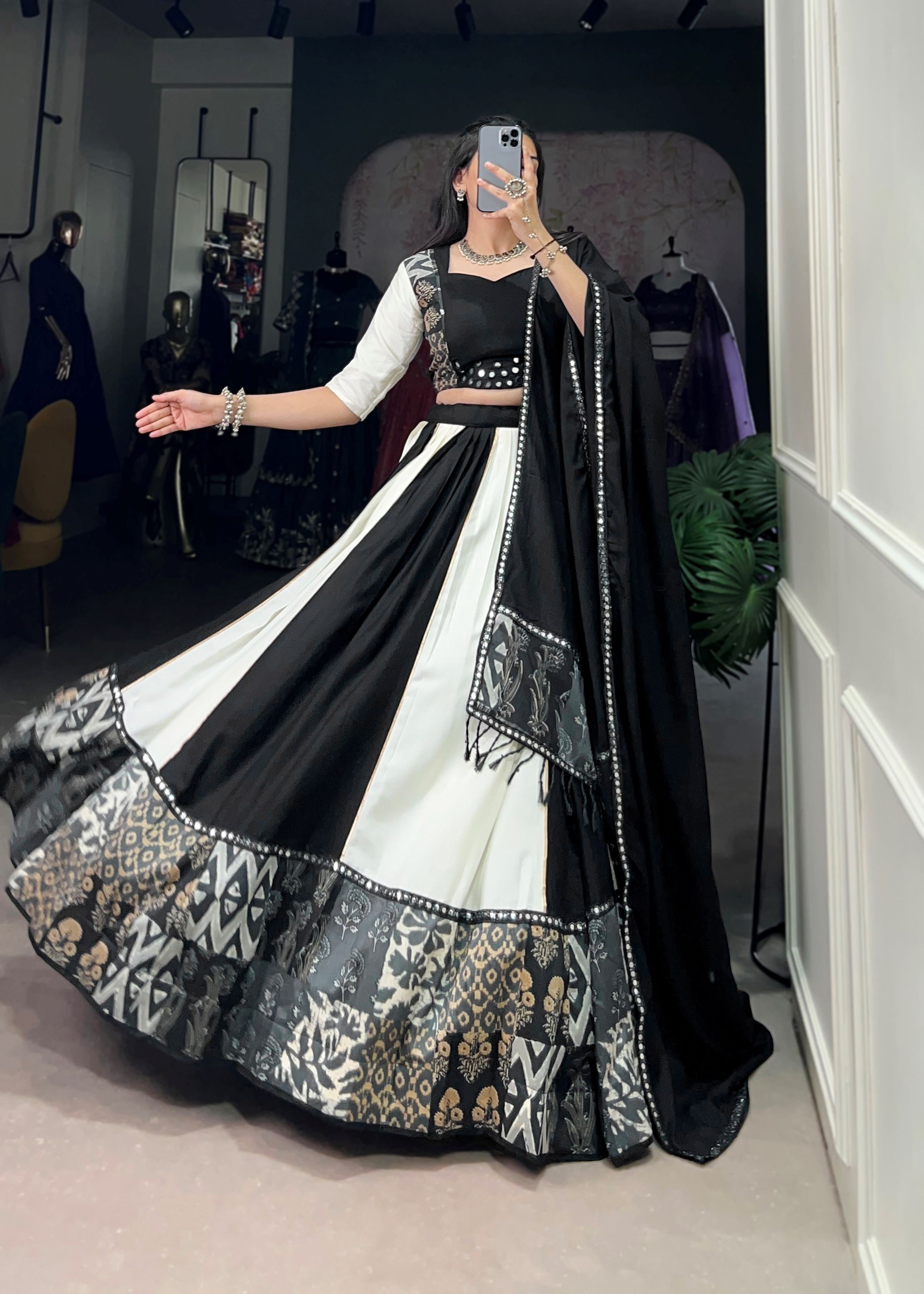 Black Pure Cotton Plain Lehenga Choli Accented with Subtle Gota Patti Elegance