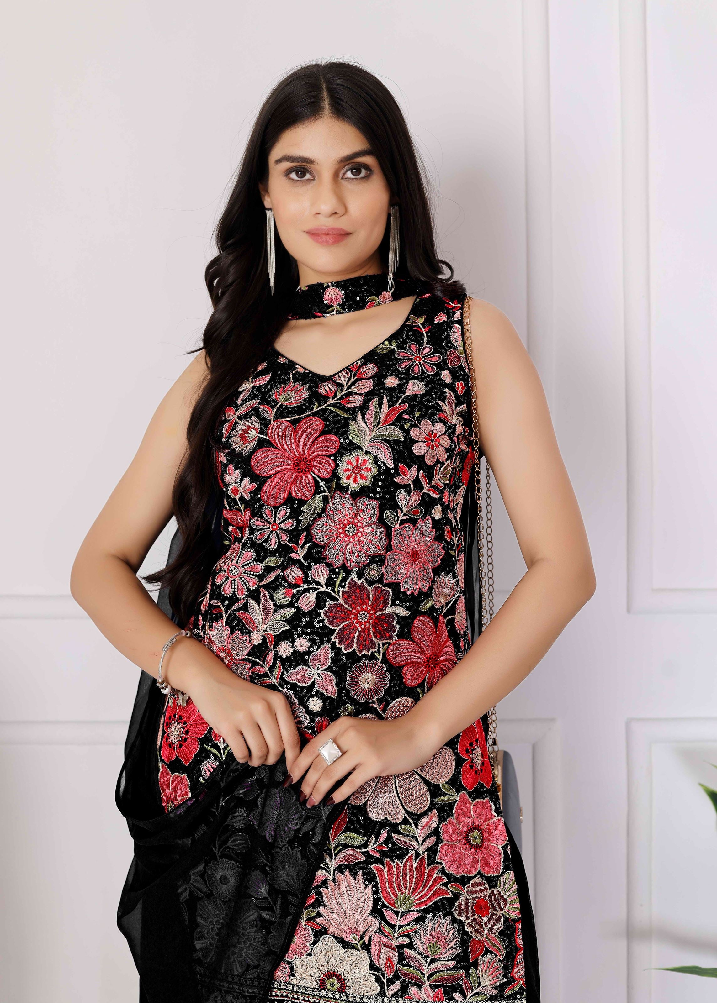 Black Sharara Dress With Sequence Embroidered