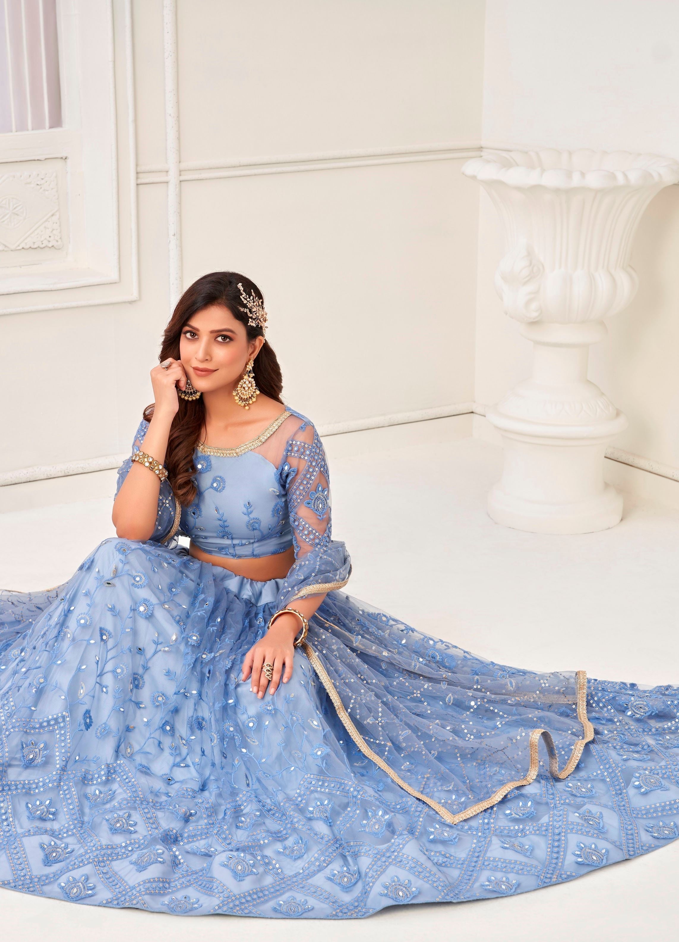 Blue Butterfly Net Lehenga Choli With Tone To Tone Thread Embroidery And Sequins Work