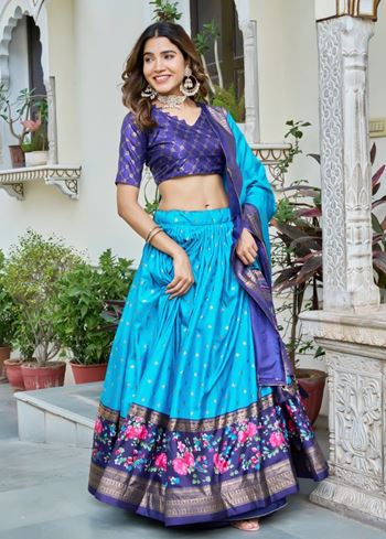 Blue Lehenga Choli With Bandhej and Ajrakh Print