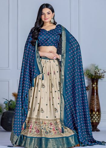 Blue Lehenga Choli With Jacquard With Jari Lining With Print