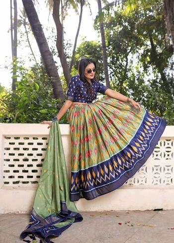 Blue Lehenga Choli With Patola Print and Foil Work Belt
