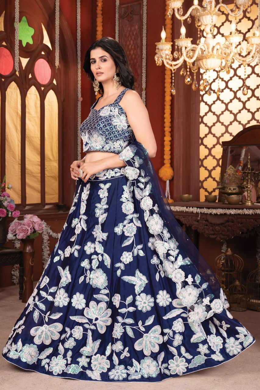 Blue Lehenga Choli With Thread Embroidery Dori And Heavy Rainbow Sequins Work