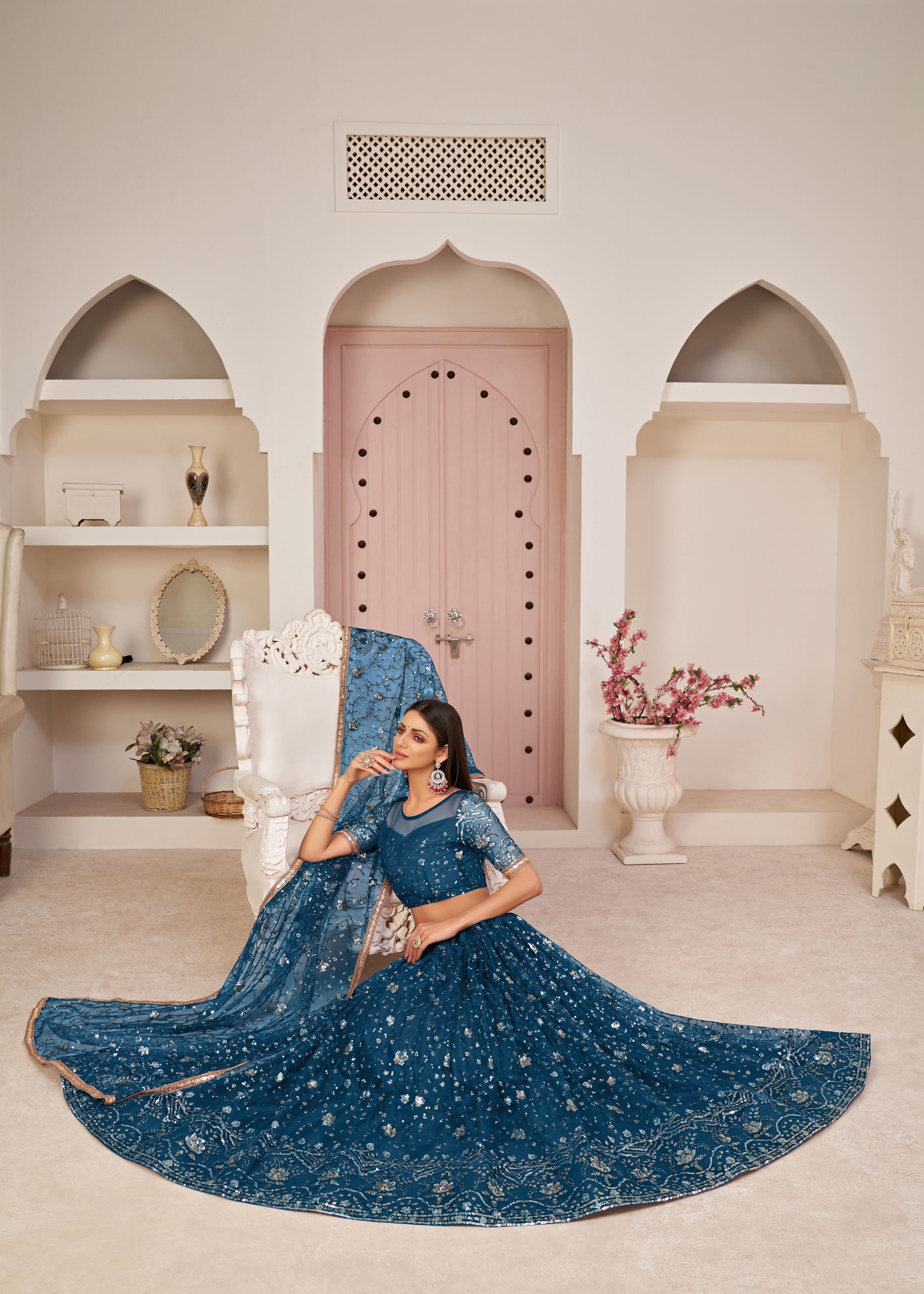 Blue Net Lehenga Choli With Thread Embroidery Work