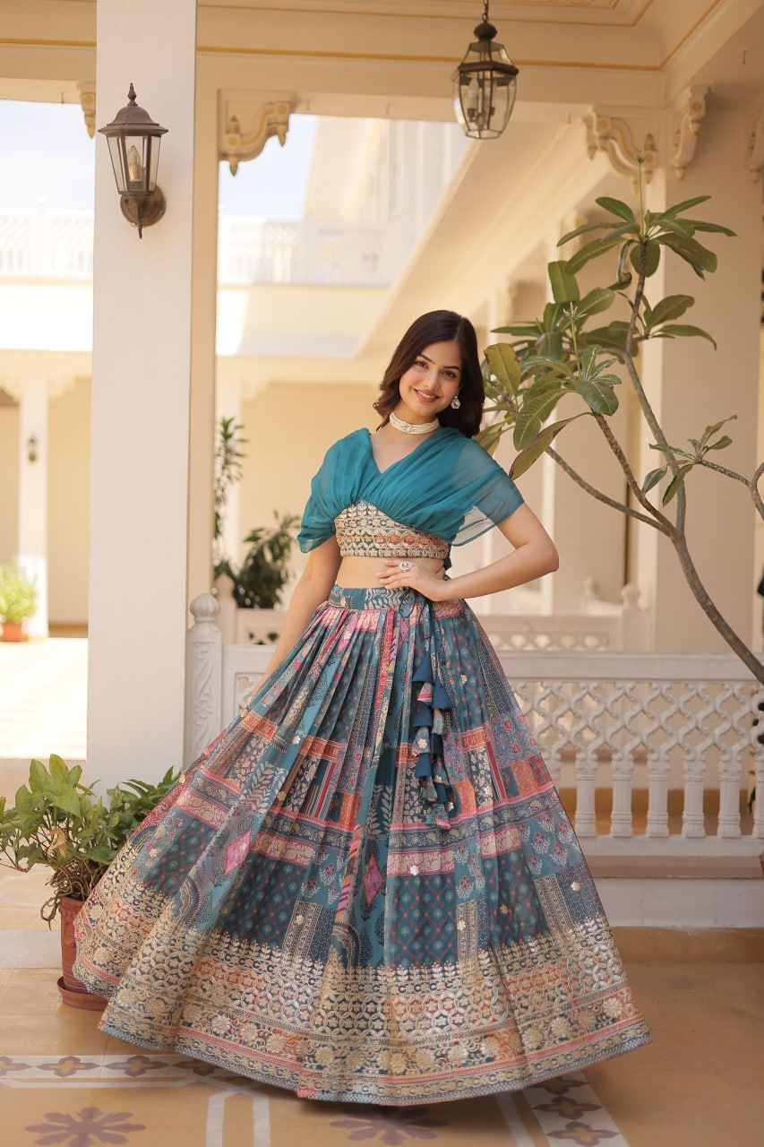 Blue Russian Silk Lehenga Choli With Digital Print With Foil Embroidery Work
