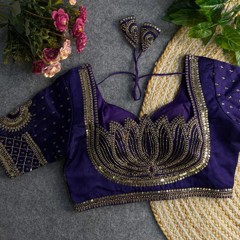 Blue  Sabyasachi-Inspired Heavy Bridal Blouse with Exquisite Lotus Beads Embroidery