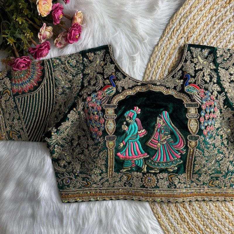 Bottle Green Royal Rajwadi Velvet Wedding Blouse with Dulha Dulhan Embroidery