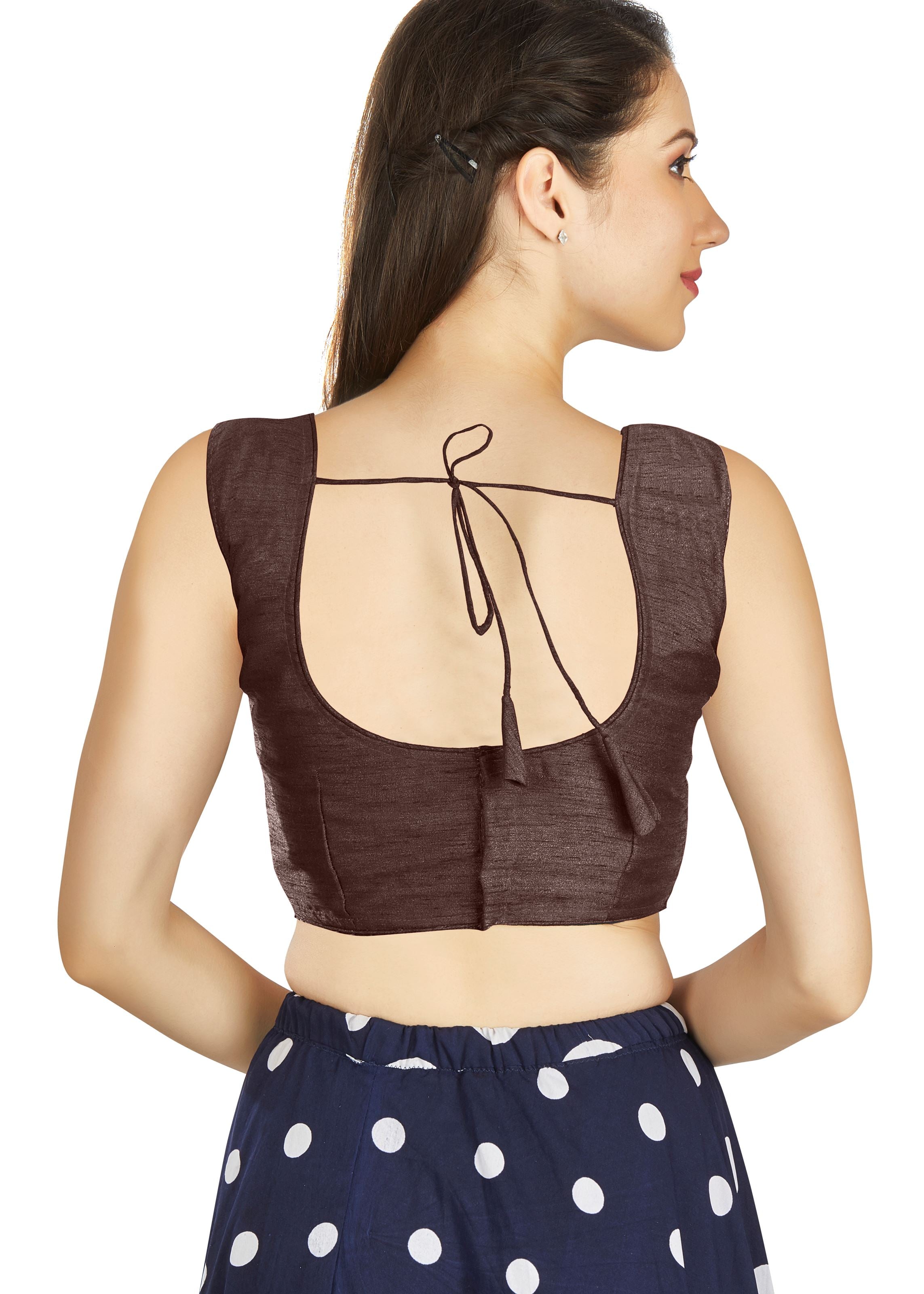 Brown Art Silk Pleated Boat Neck Plain Blouse