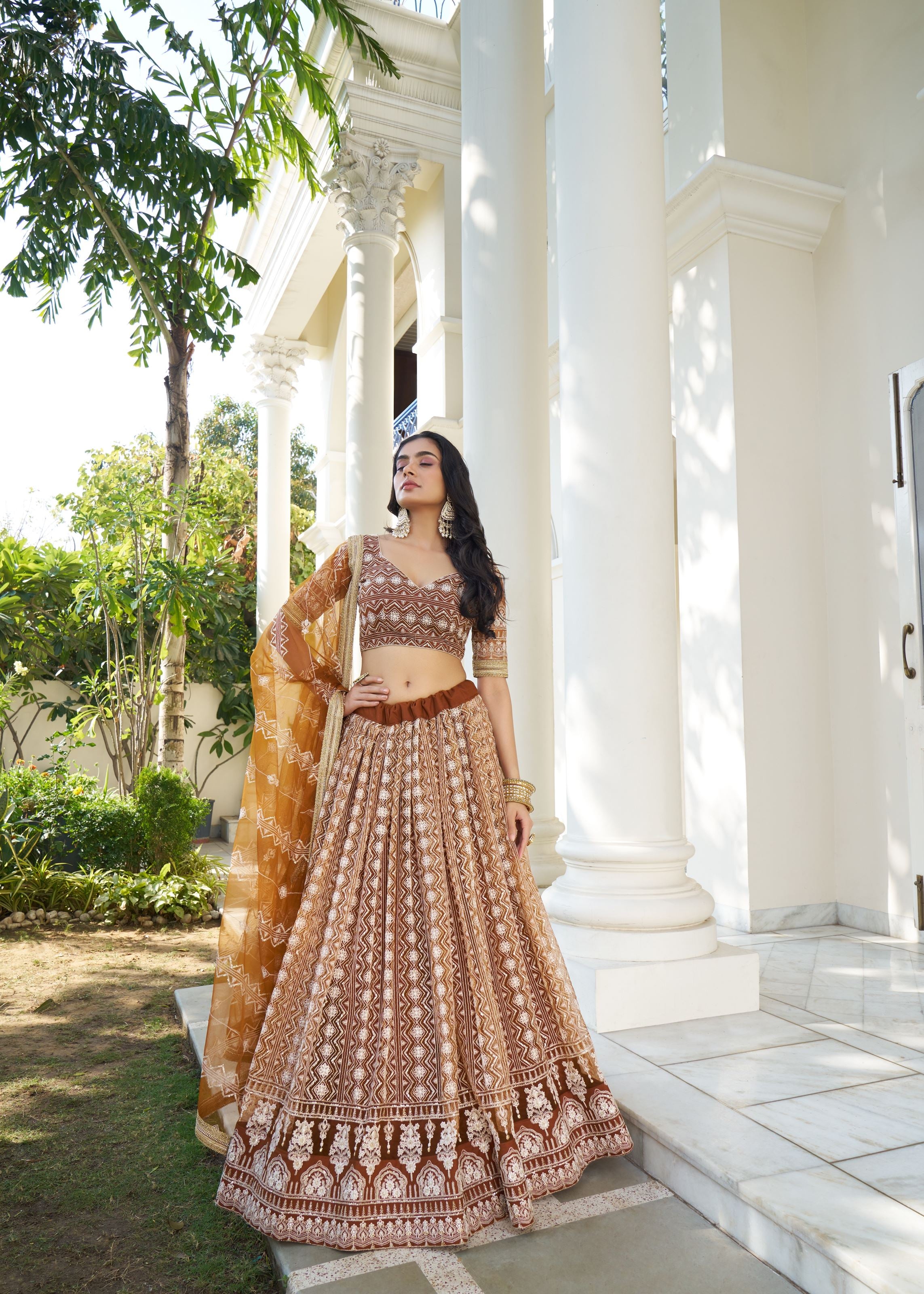 Brown Butterfly Net Lehenga Choli With Designer Thread Work, Zari Work And Sequence Work Embroidery
