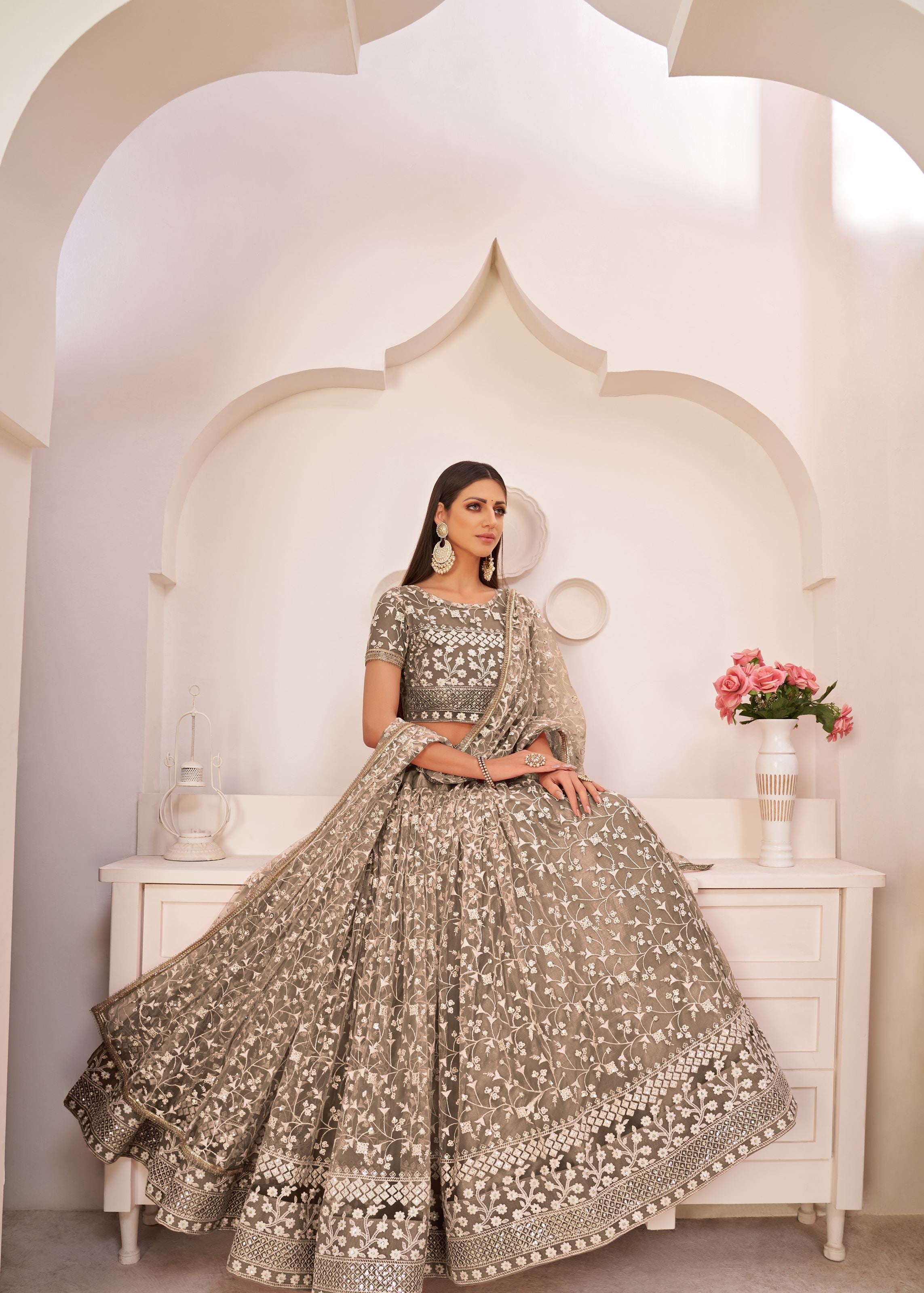 Brown Net Lehenga Choli With Thread And Zari Sandwich Sequence Embroidery Work