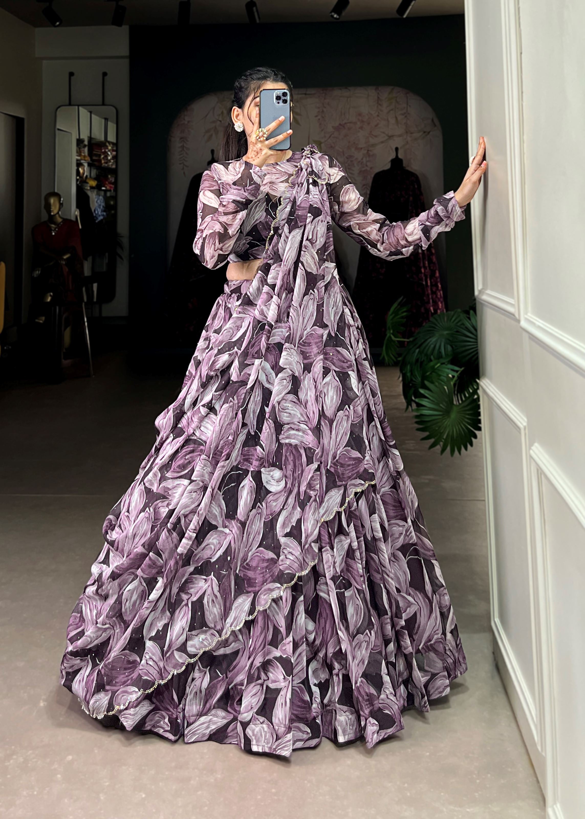 Coffee Elegance Printed Tabby Silk Lehenga with Hotfix Work