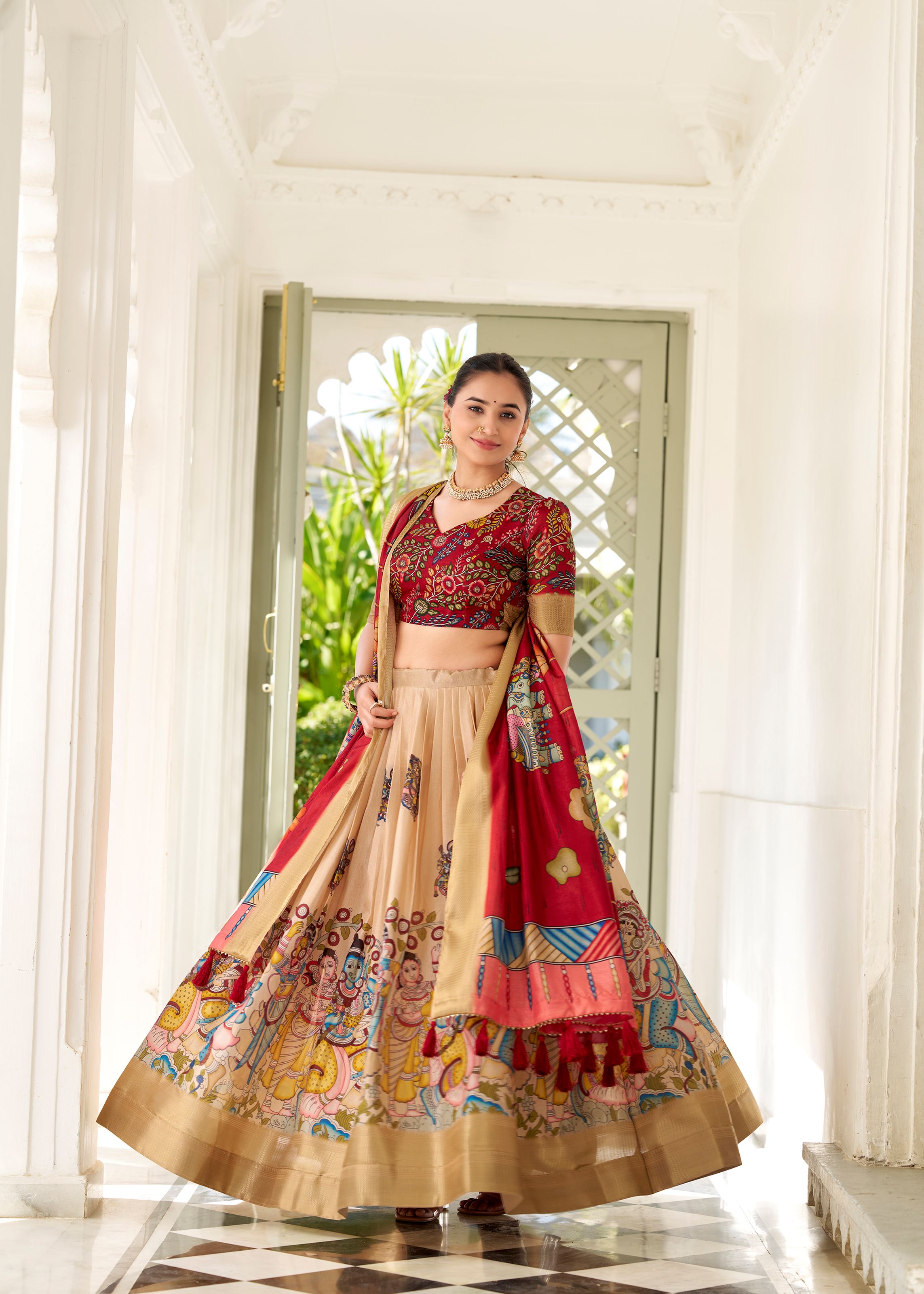 Cream  Floral Printed Georgette Lehenga with Lace Border