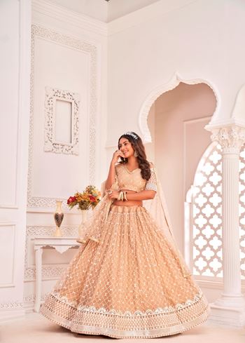 Dusty Chiku Net Lehenga Choli With Thread Embroidery Work