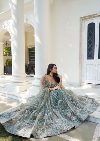 DustyGreen Butterfly Net Lehenga Choli With Designer Thread Work, Zari Work And Sequence Work