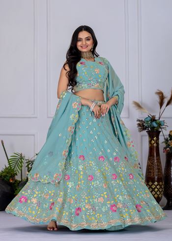 Firozi Lehenga Choli With Embroidery With Multi Thread  Sequence Work