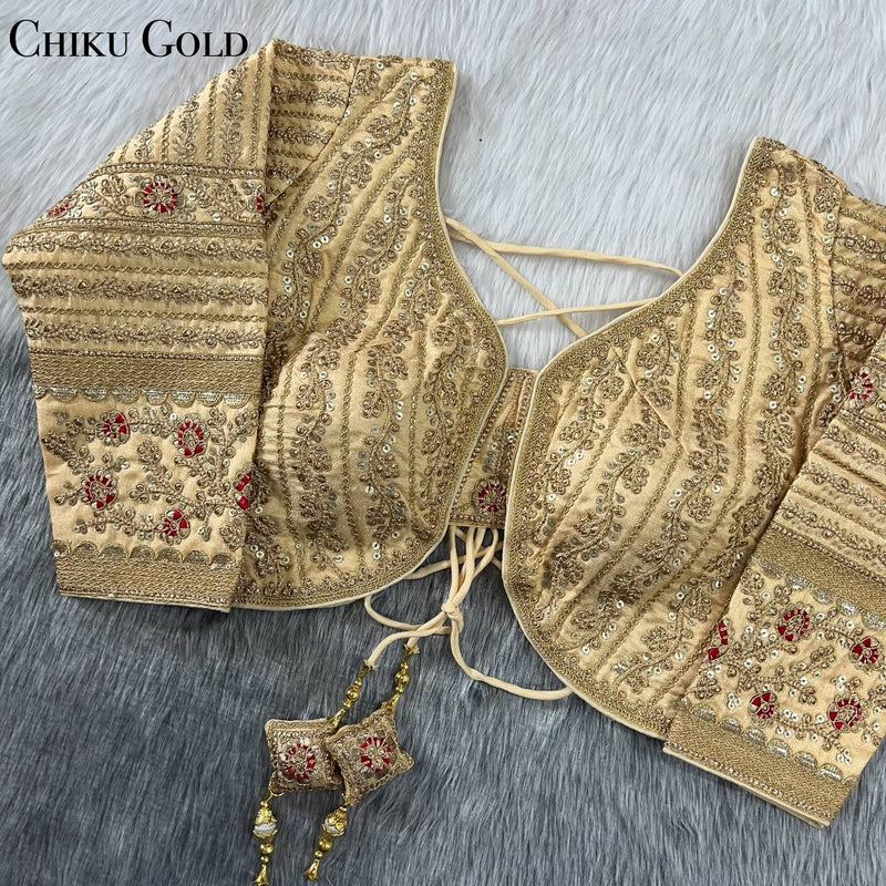 Golden Beautiful Long Sleeves Backless Bridal Blouse With Embroidery  Sequins Work