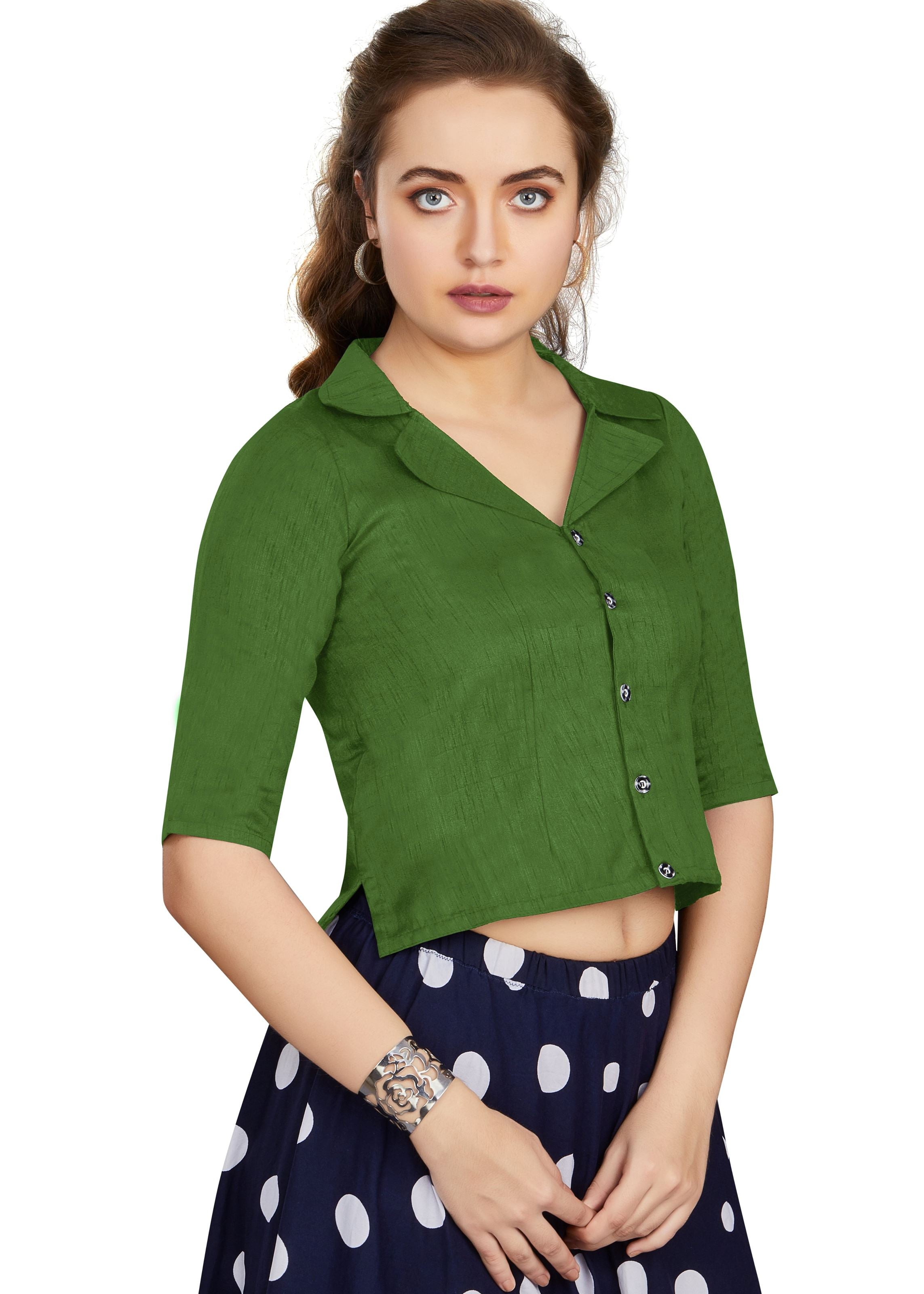 Green Art Silk Collar Neck Plain Blouse