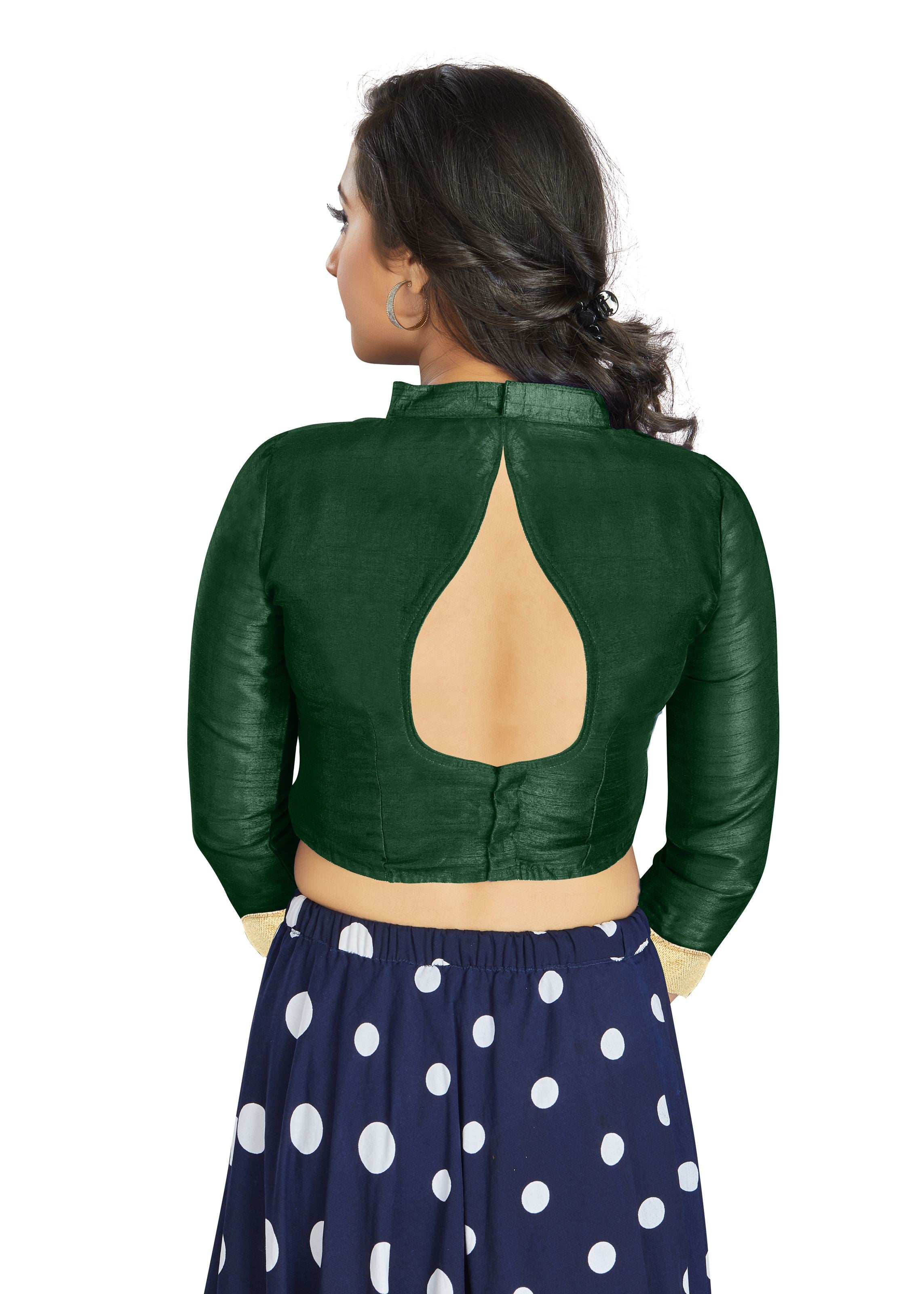 Green Art Silk V Neck Chinese Collar Blouse With Matty In Sleeve