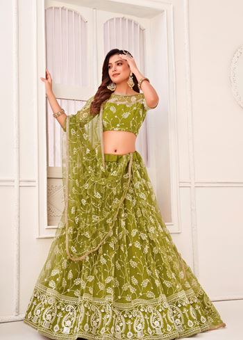 Green Butterfly Net Lehenga Choli With White Cotton Thread And Zari Sandwich Sequence Embroidery Work
