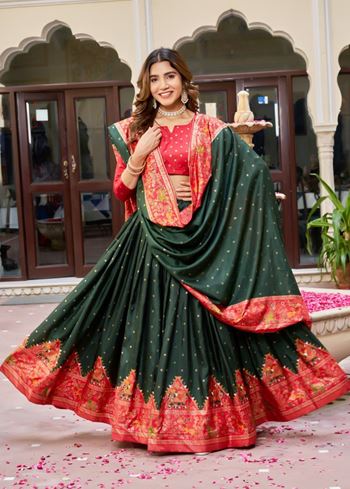 Green Lehenga Choli With  Bandhej And Ajrakh Print