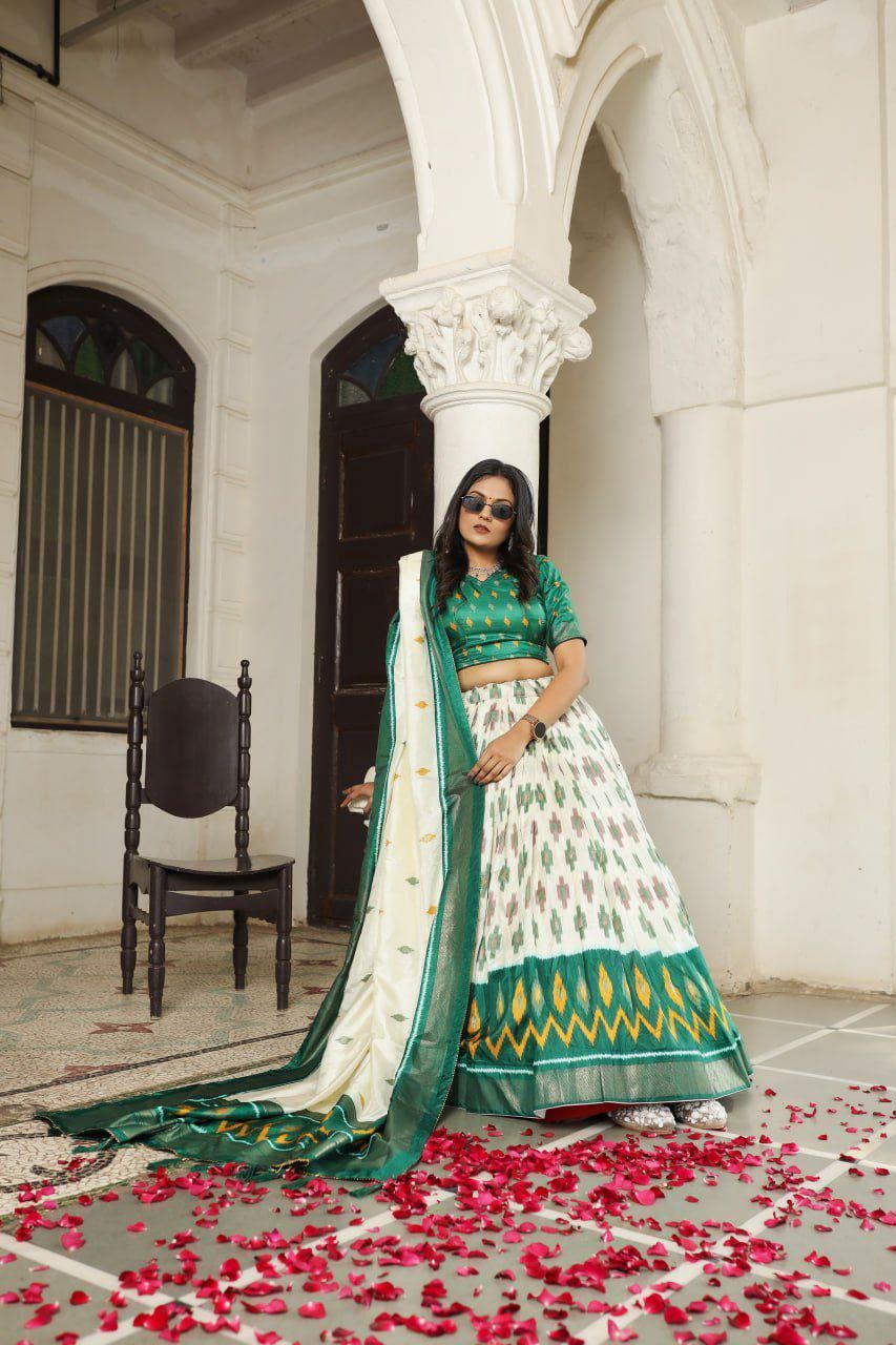 Green Lehenga Choli With Patola Print and Foil Work Belt
