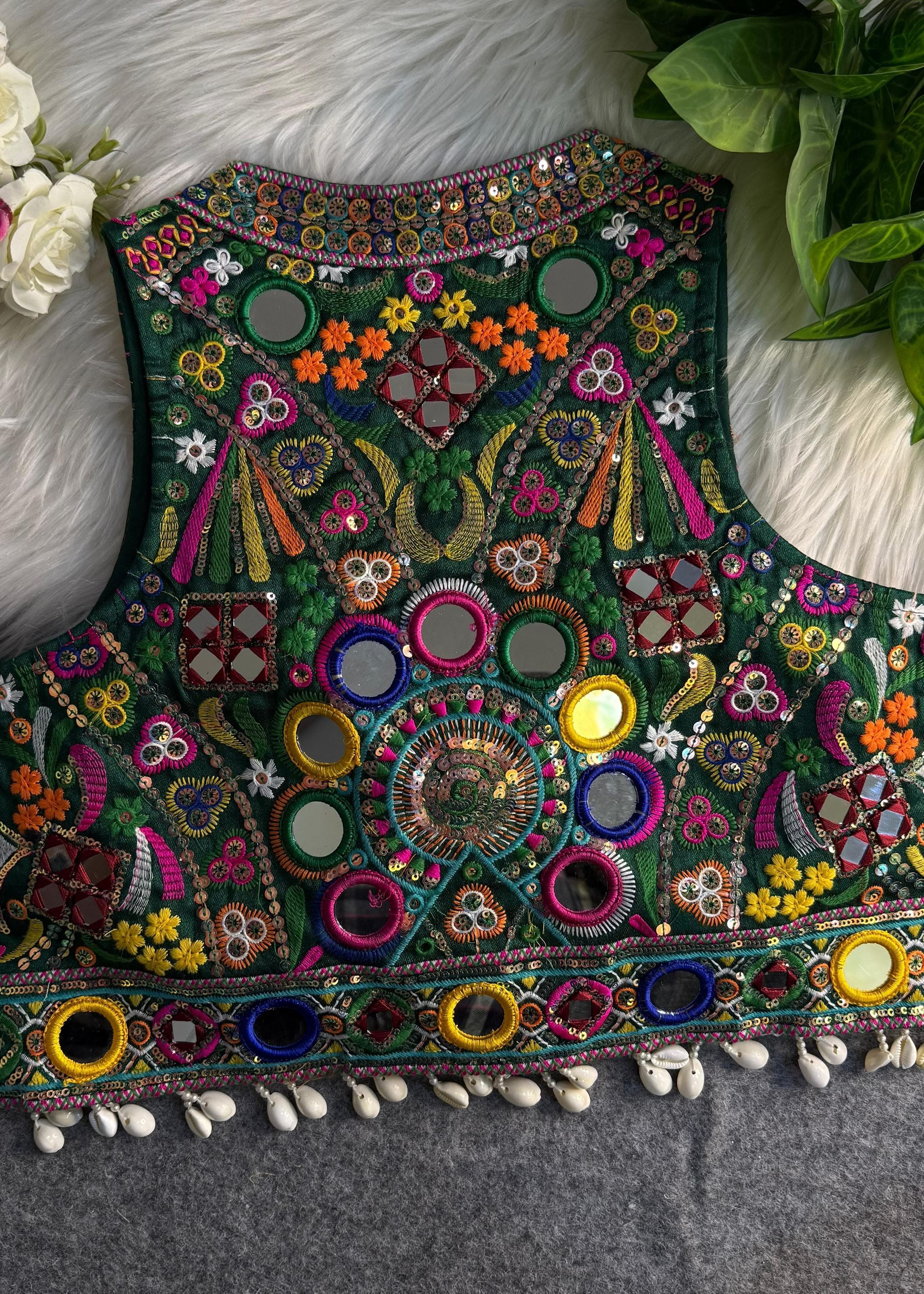 Green Round Neck Navratri Blouse with Gamthi Mirror  Shell Work