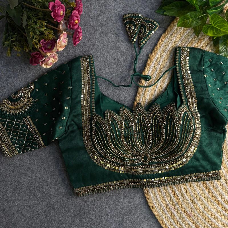 Green Sabyasachi-Inspired Heavy Bridal Blouse with Exquisite Lotus Beads Embroidery