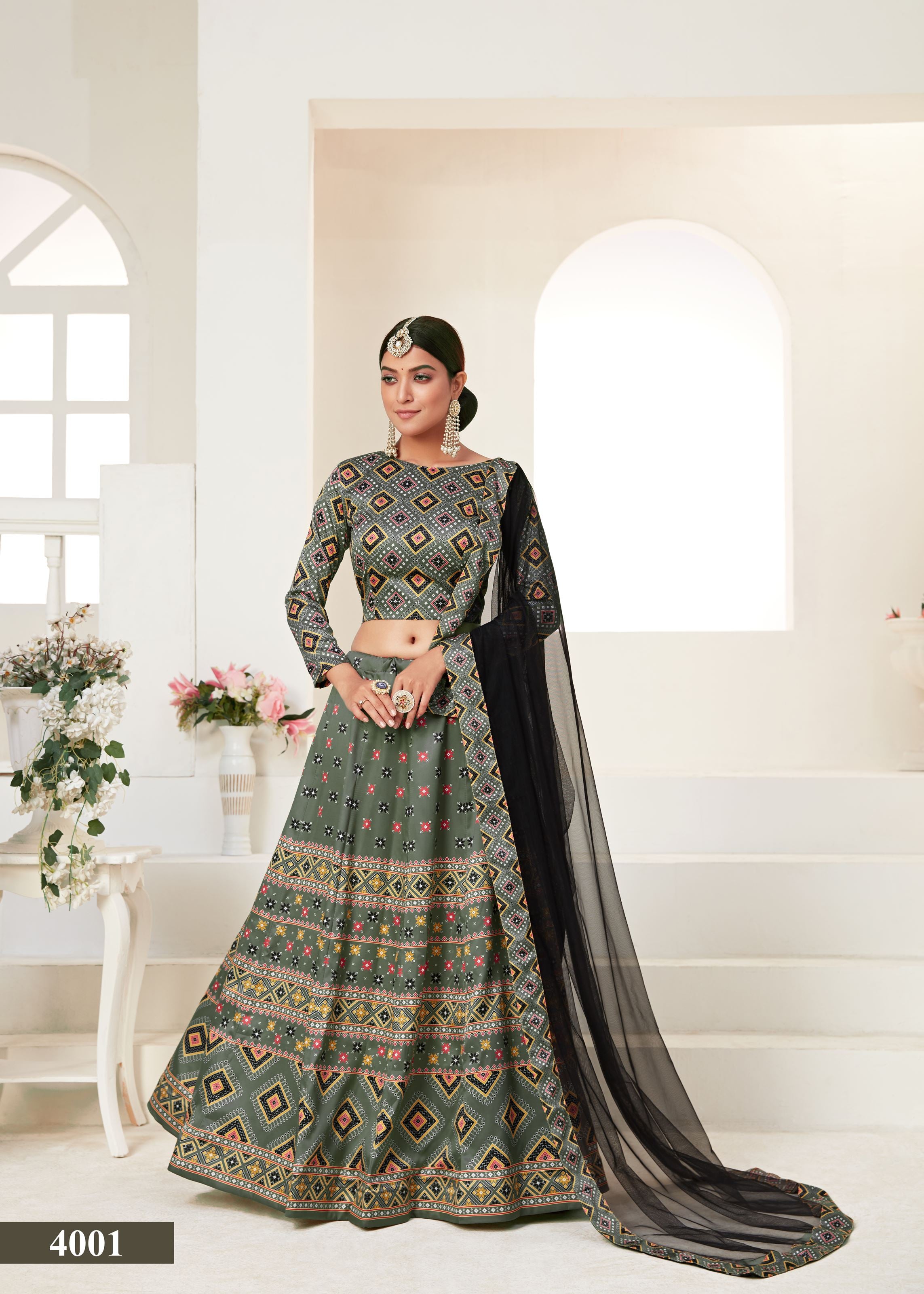 Grey Ajmeri Silk Lehenga Choli With Digital Print