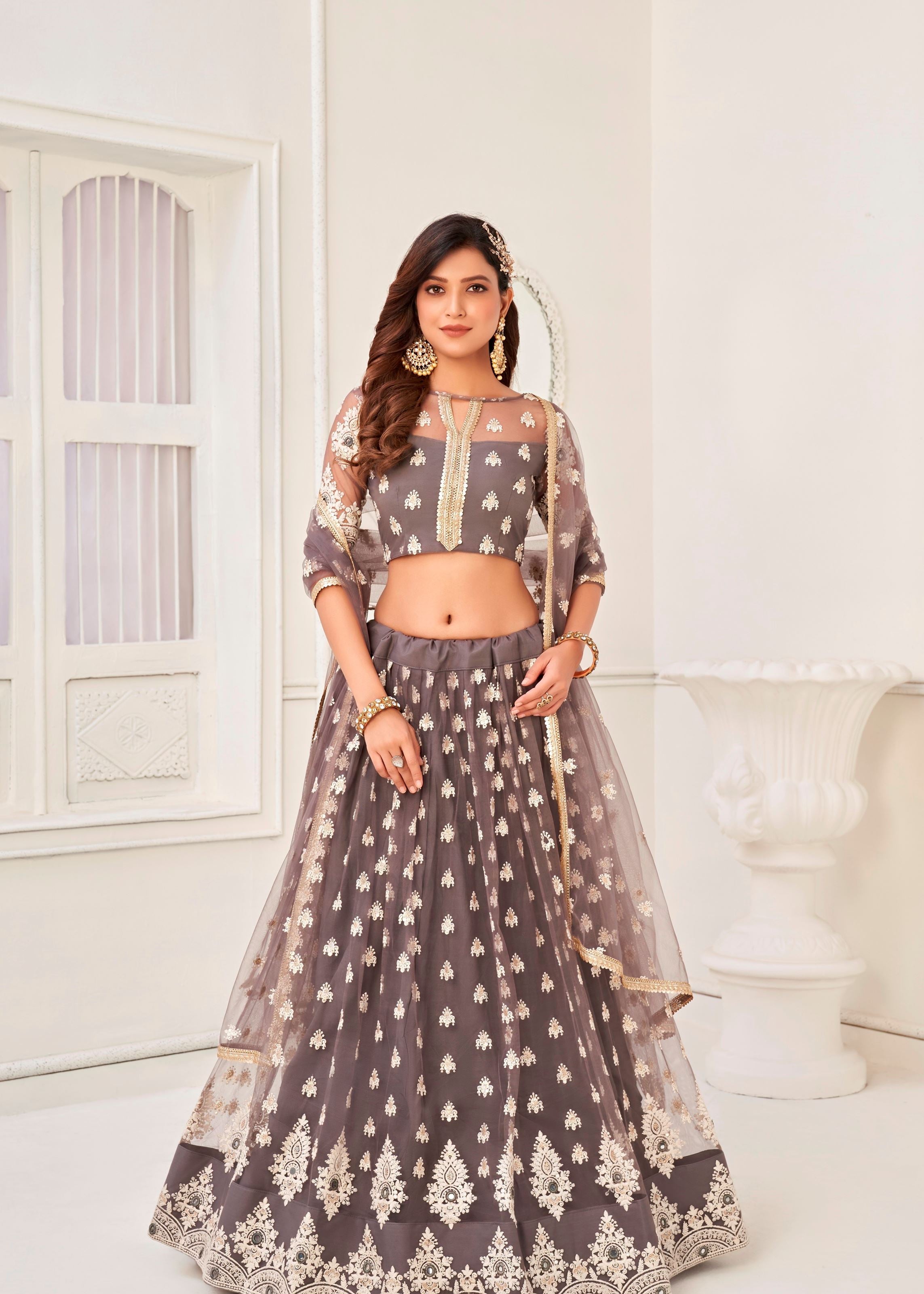 Grey Butterfly Net Lehenga Choli With Thread Embroidery And Sequins Work