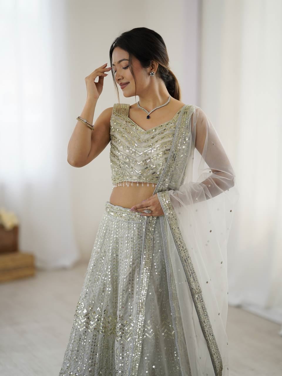 Grey Lehenga Choli With Sequins & Dori Work