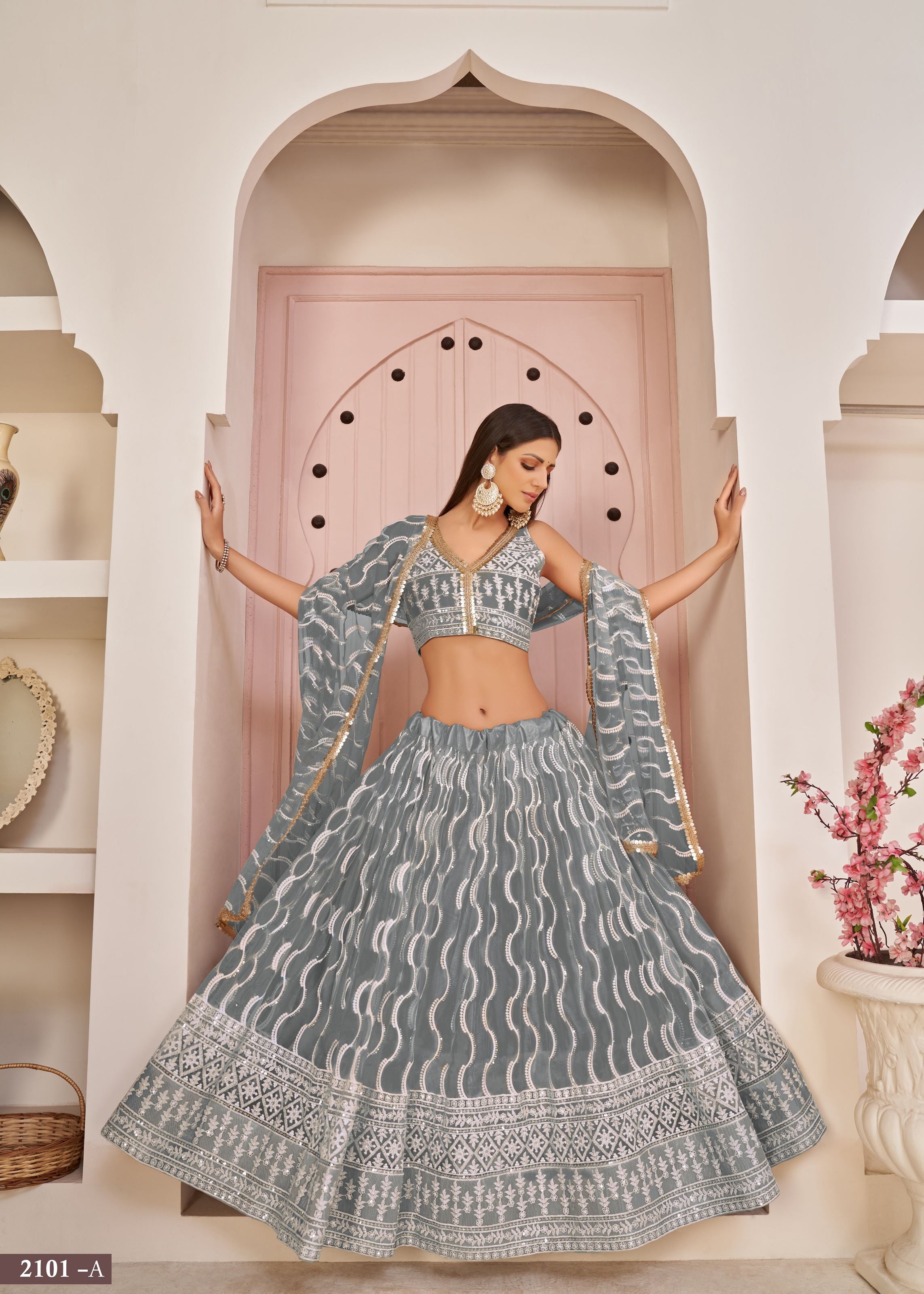 Grey Net Lehenga Choli With Thread Embroidery Work