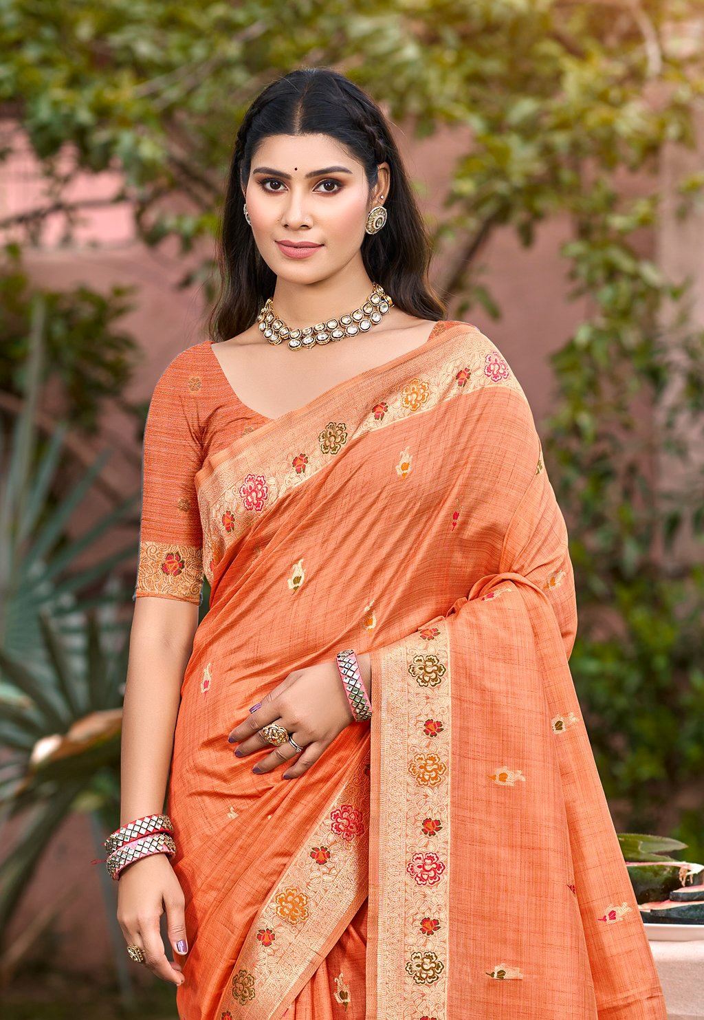 Jewel-Toned Orange Assam Silk Meenakari Festival Saree