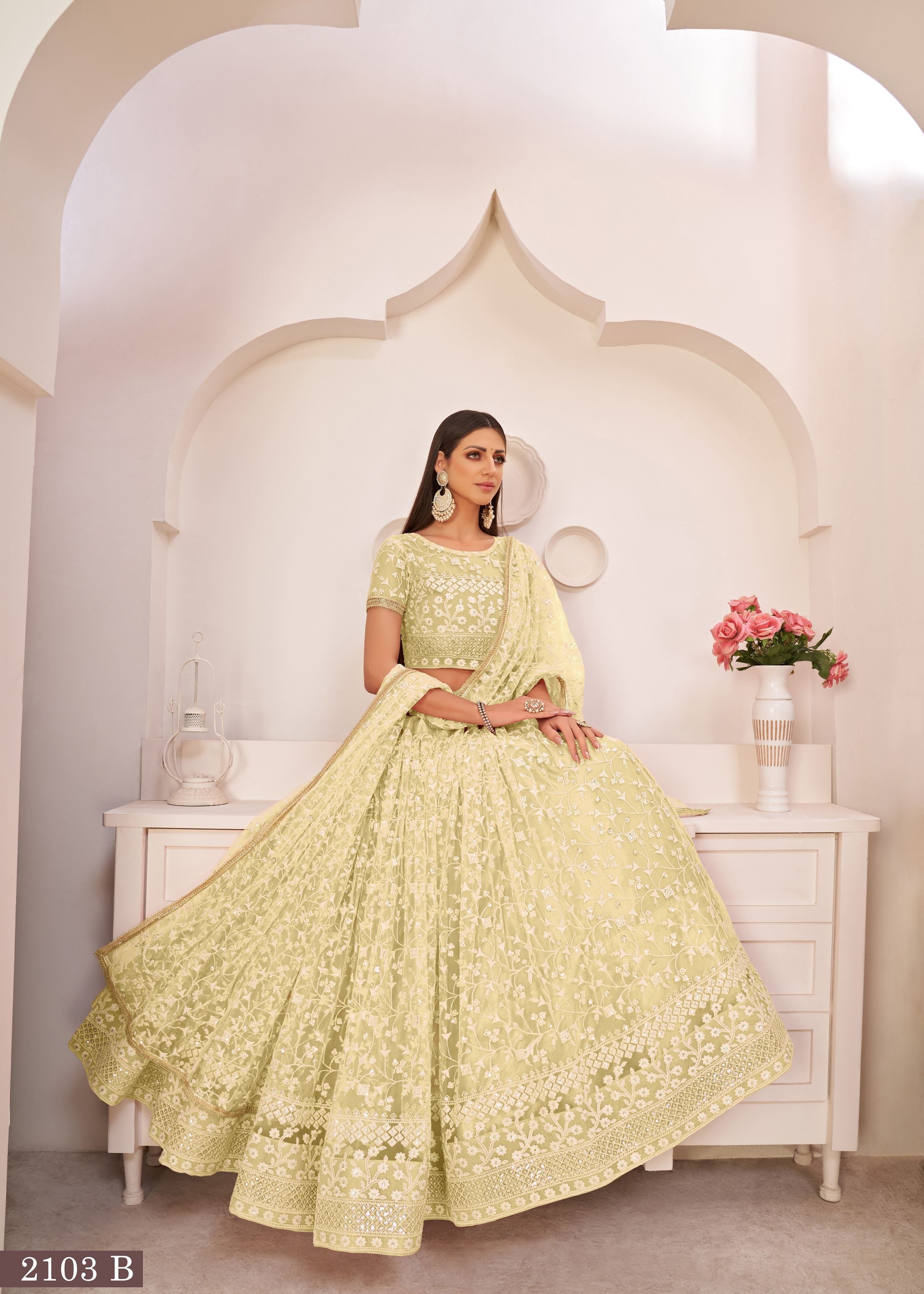 Lemon Yellow Net Lehenga Choli With Thread And Zari Sandwich Sequence Embroidery Work