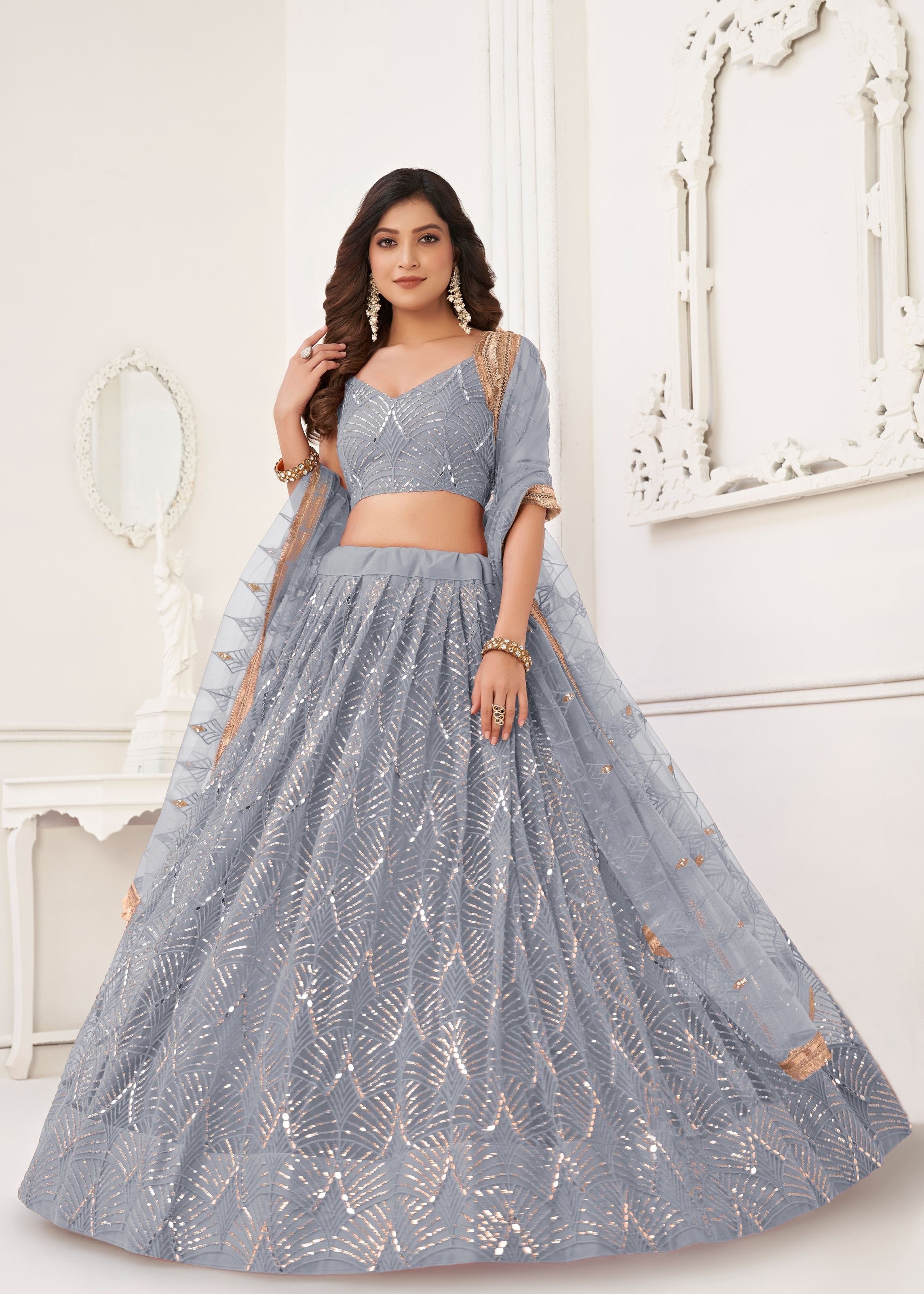 Light Grey Net Lehenga Choli With Thread Embroidery Real Mirror Work