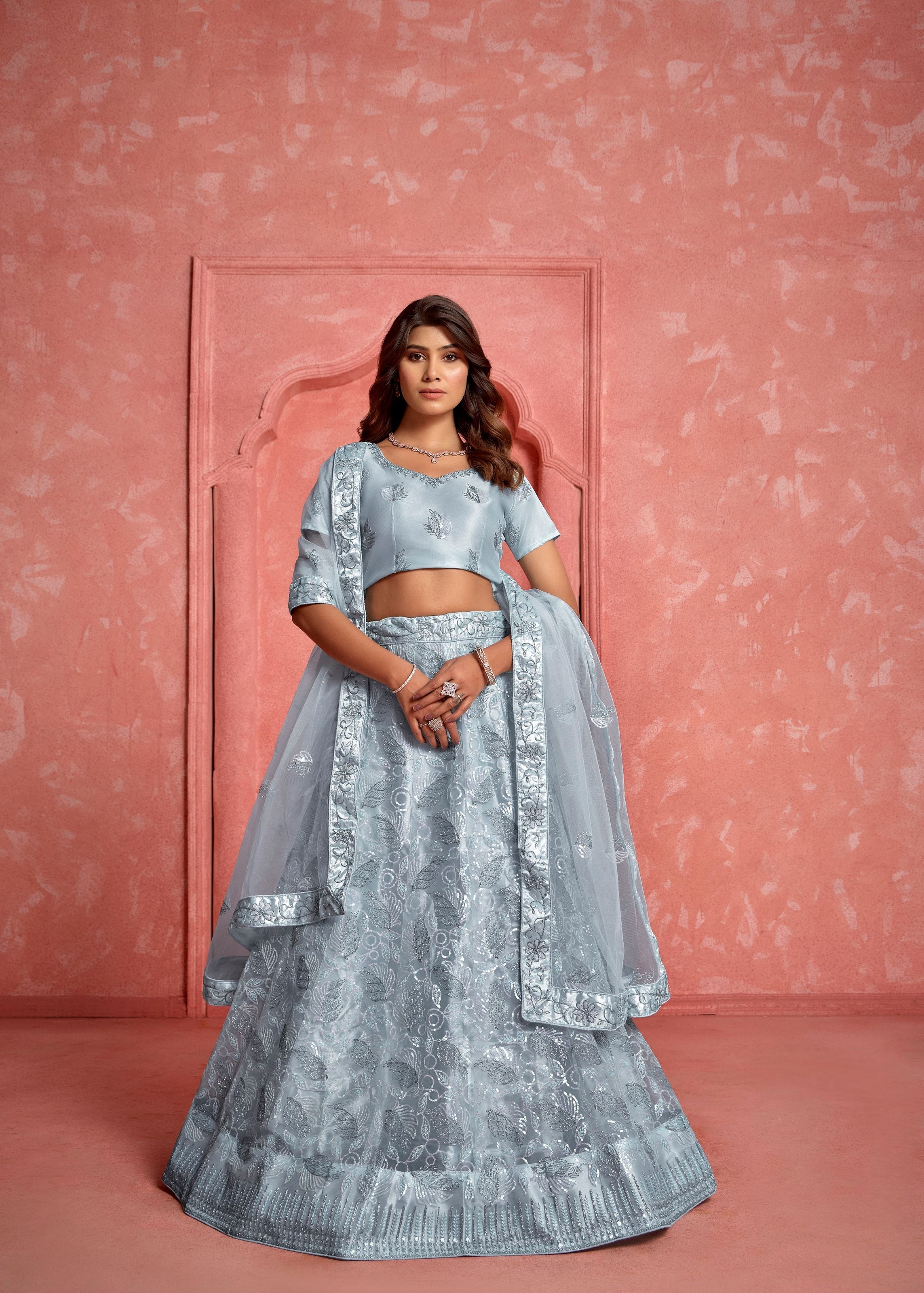 Light Grey Net Lehenga with Sequence Thread Work