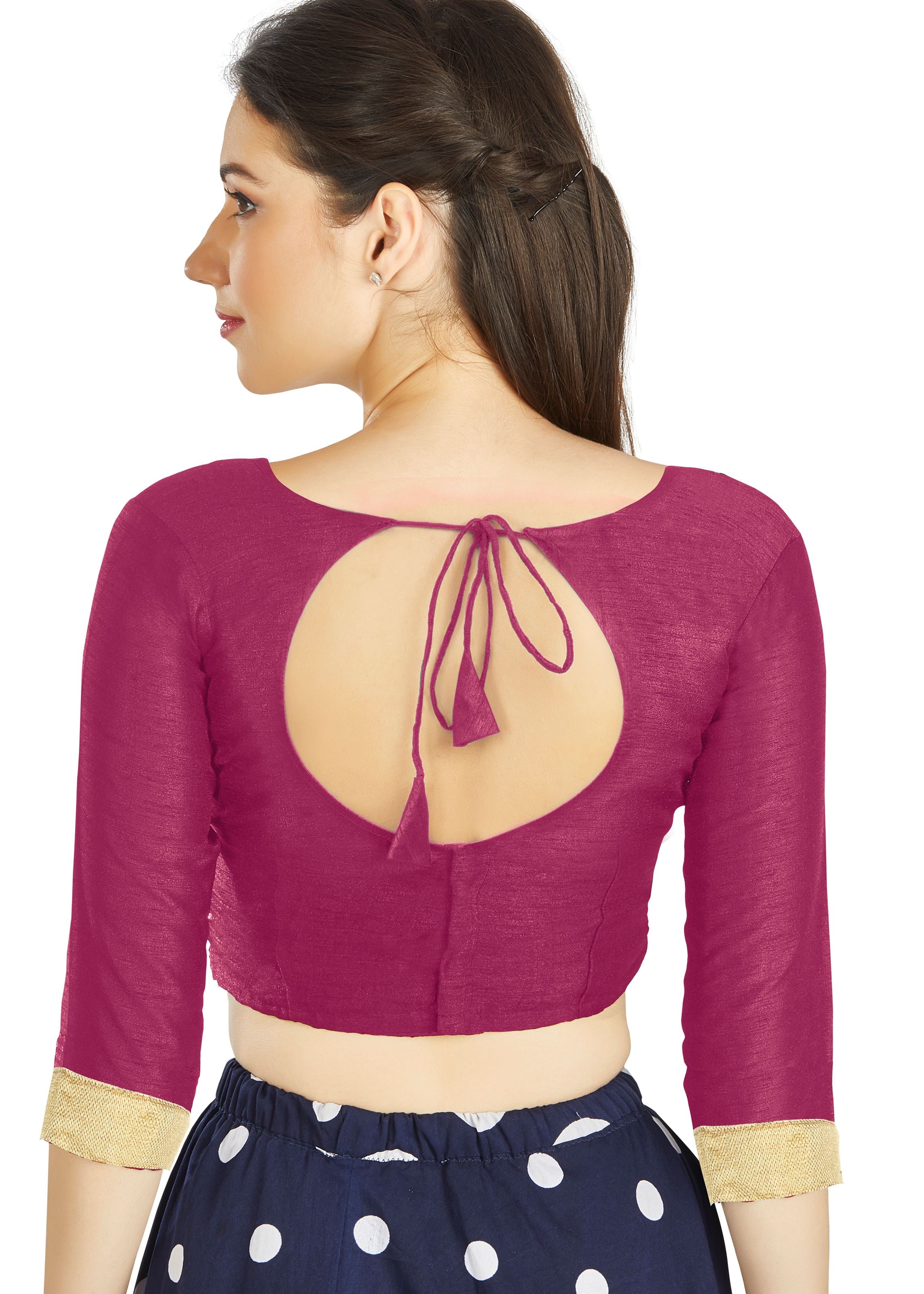 Magenta Art silk U Neck Blouse With Matty Work In Sleeve