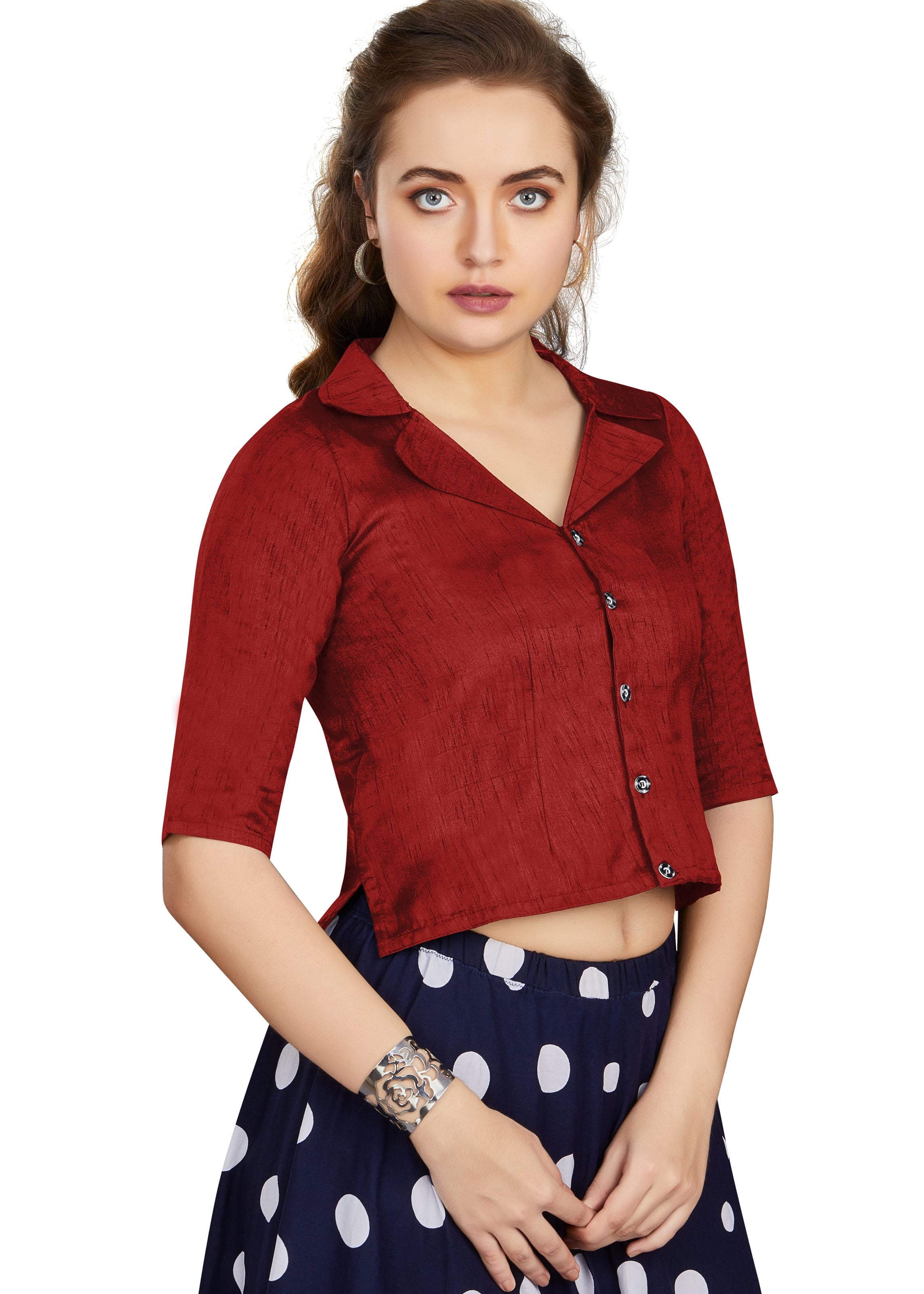 Maroon Art Silk Collar Neck Plain Blouse