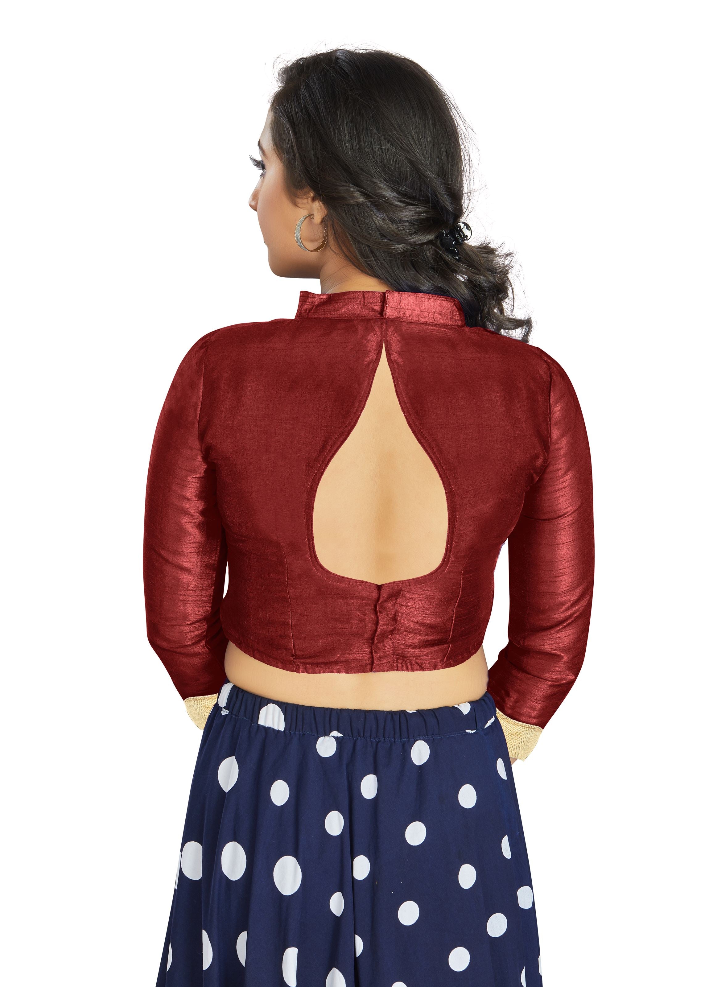 Maroon Art Silk V Neck Chinese Collar Blouse With Matty In Sleeve