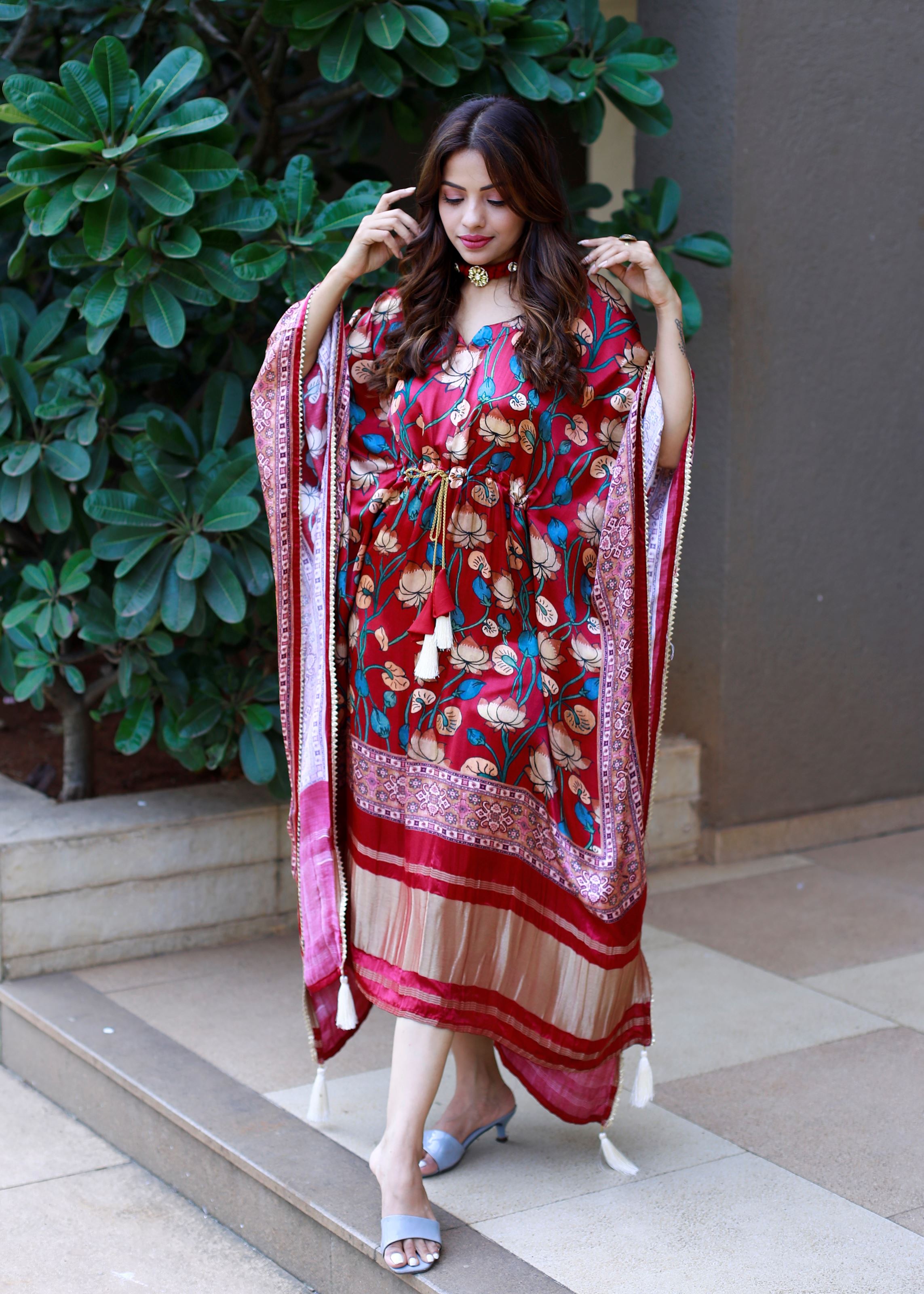 Maroon Color Pure Gaji Silk Kaftan with Gotta Patti  Tassels