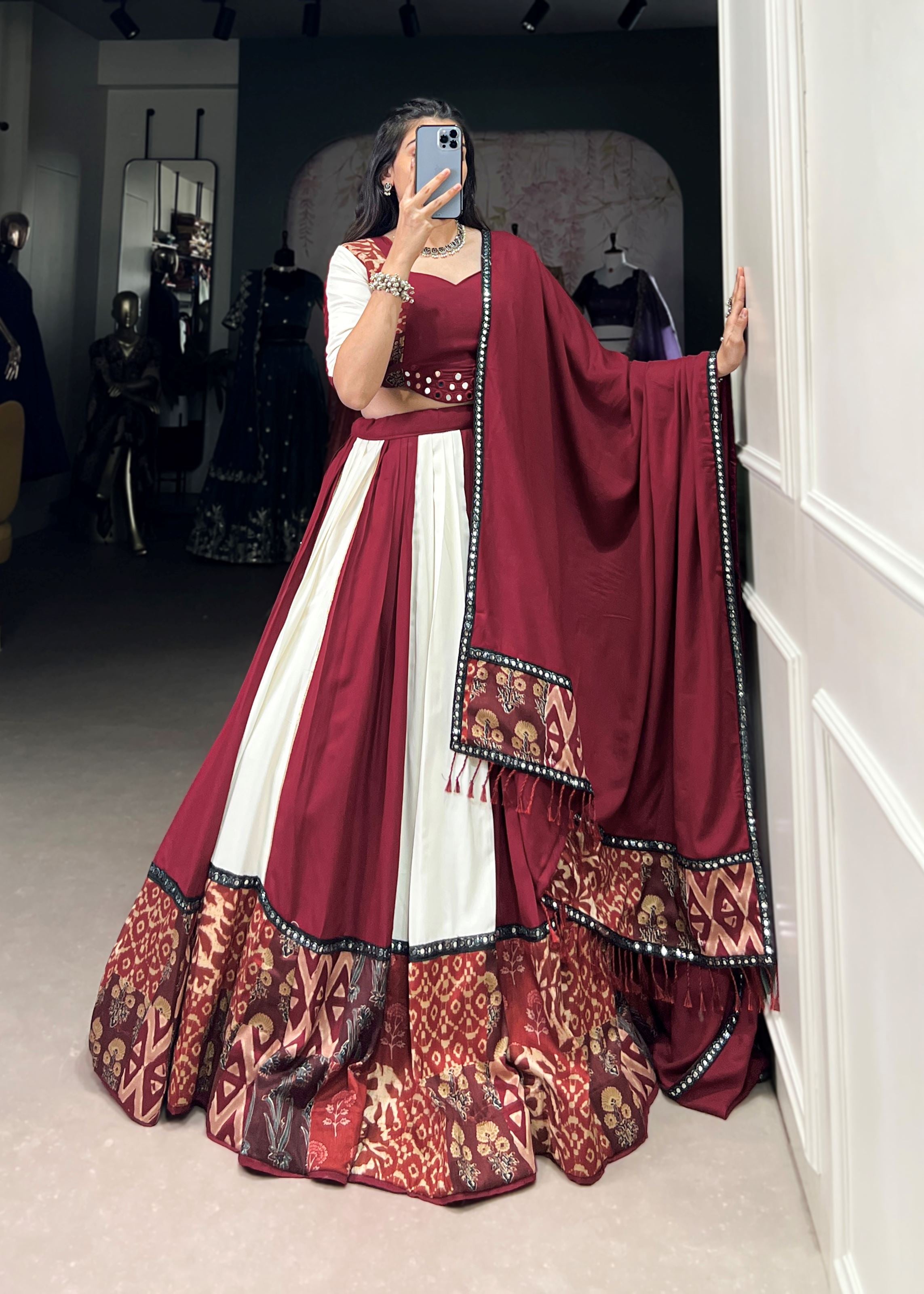 Maroon  Printed  Plain Rayon Lehenga with Mirror Lace and Gota Patti Sparkle