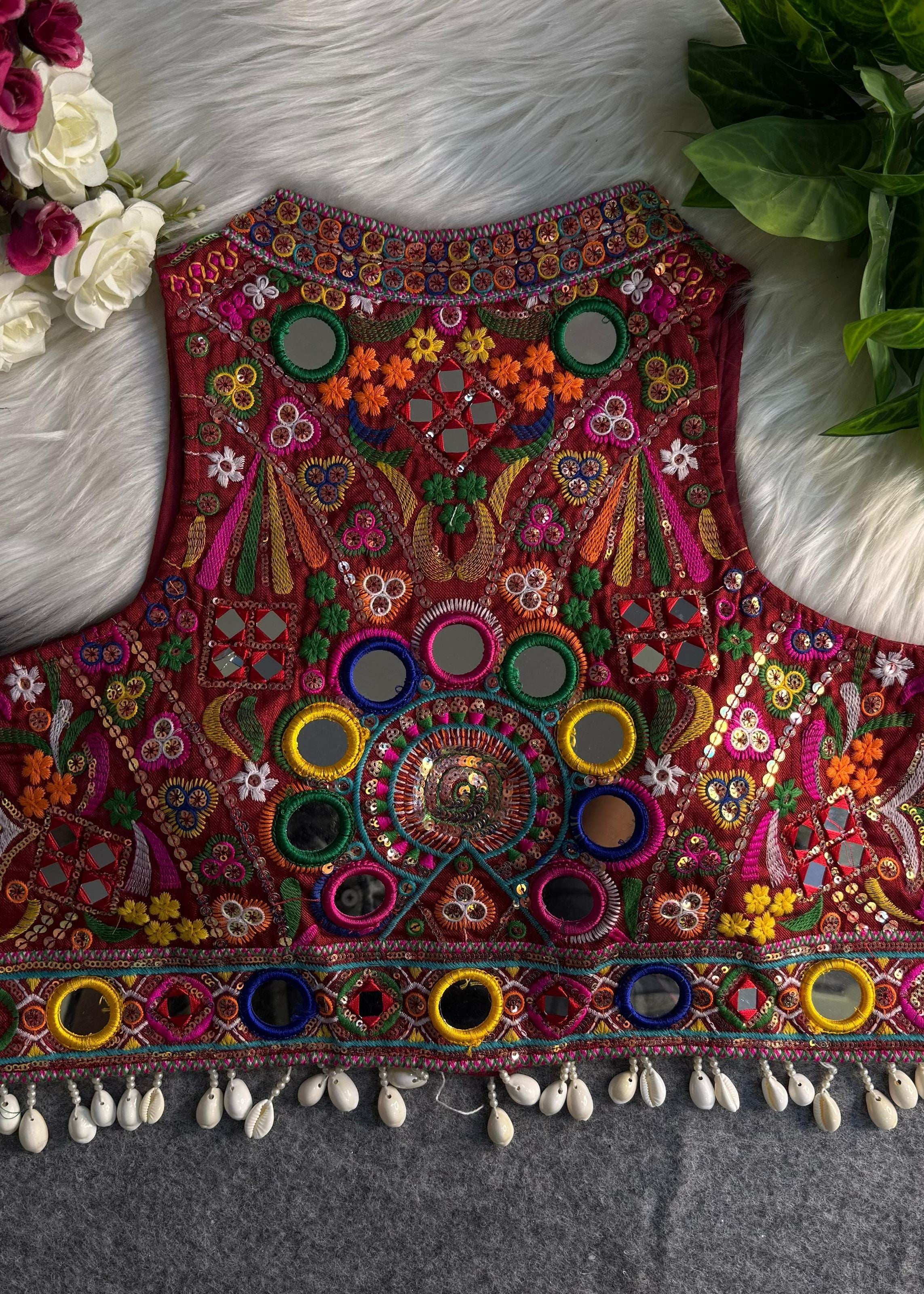 Maroon Round Neck Navratri Blouse with Gamthi Mirror &  Shell Work