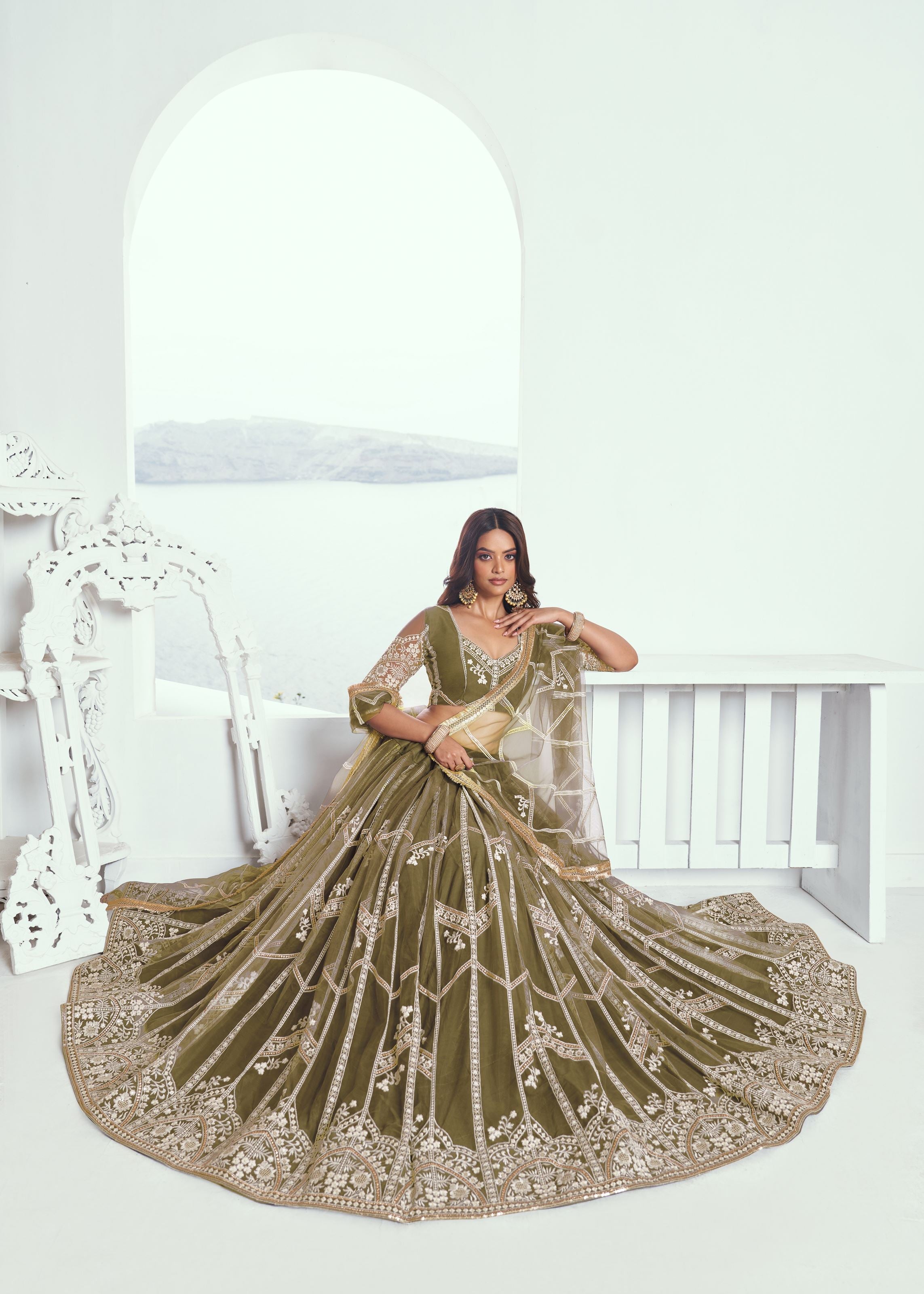 Mehandi Green Lehenga Choli With Zari Work And Sequence Work Embroidery