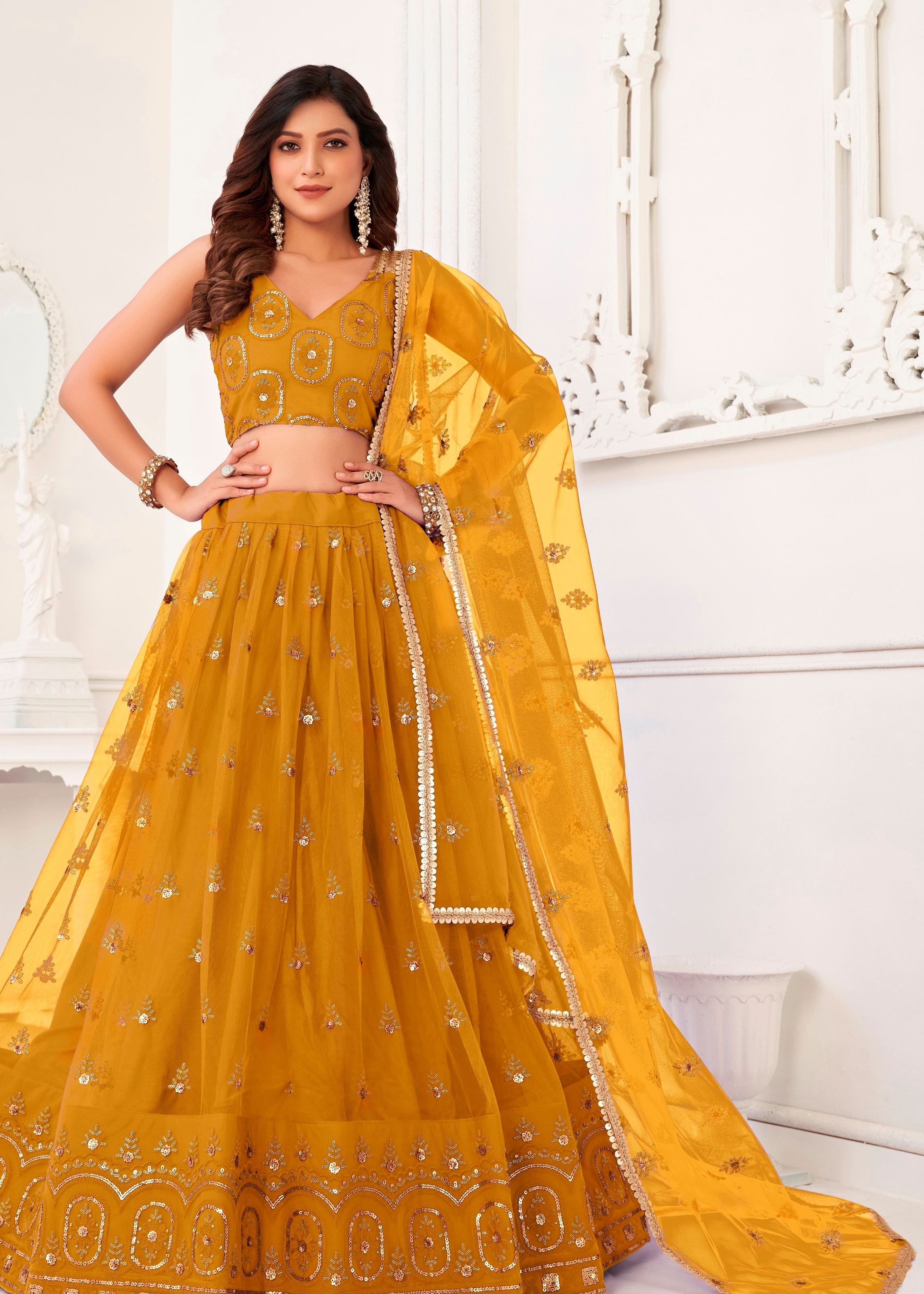 Mustard Butterfly Net Lehenga Choli With  Thread And Zari Sandwich Sequence Embroidery Work