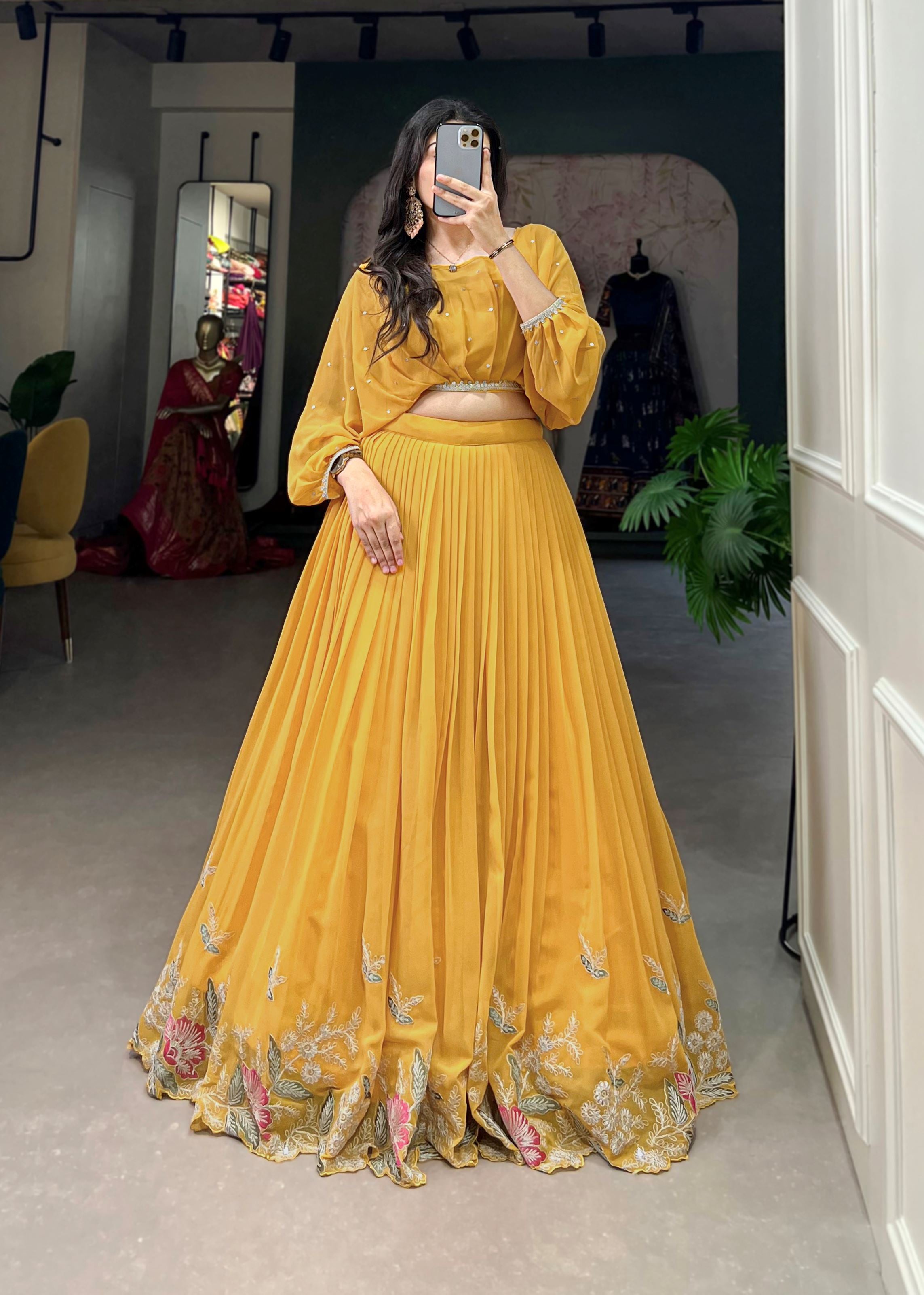 Mustard Georgette Lehenga with Sequin and Thread Detailing Light  Elegant