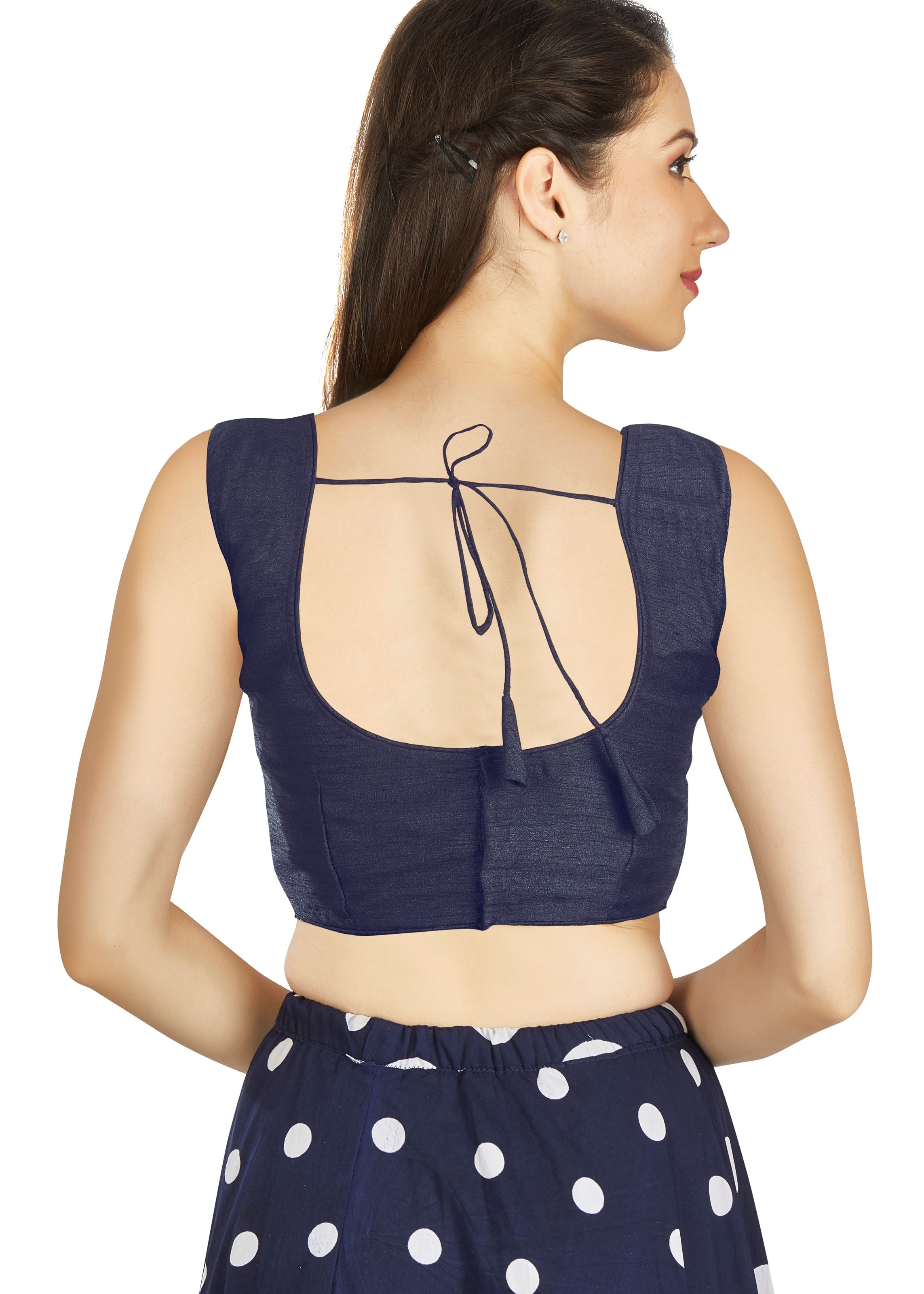 Navy Blue Art Silk Pleated Boat Neck Plain Blouse