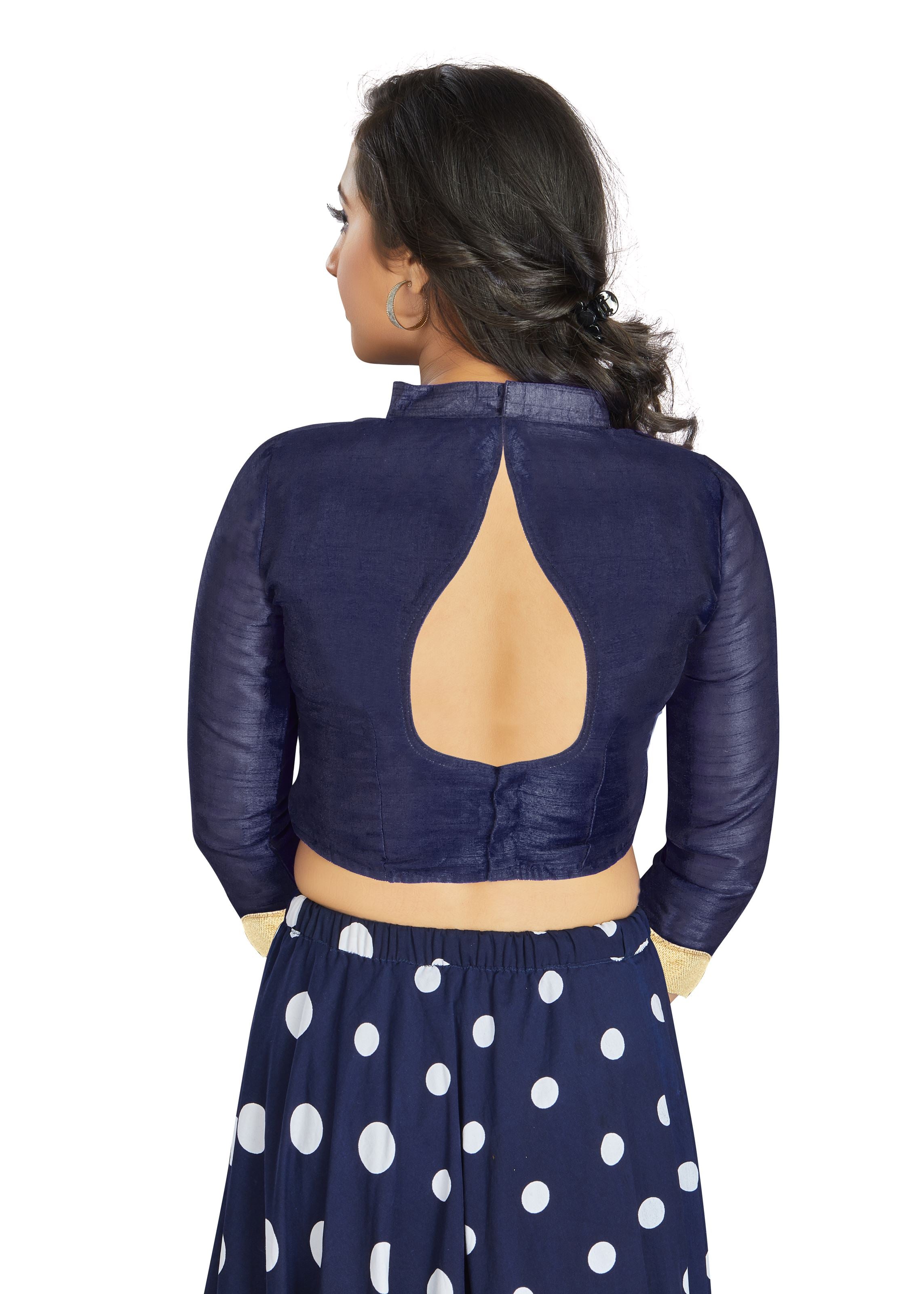 Navy Blue Art Silk V Neck Chinese Collar Blouse With Matty In Sleeve