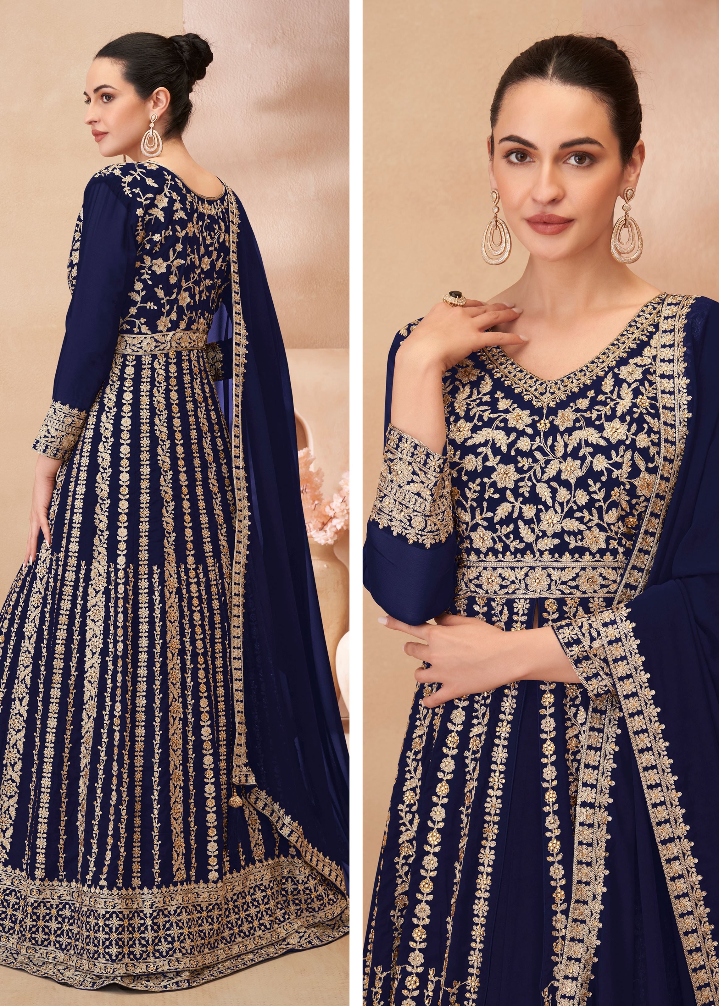 Navy Blue Top-Lehenga With Embroidery With Sequins Work (Free Size Stitched Upto 42)