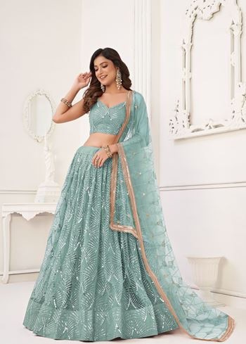 Ocean Blue Net Lehenga Choli With Thread Embroidery Real Mirror Work